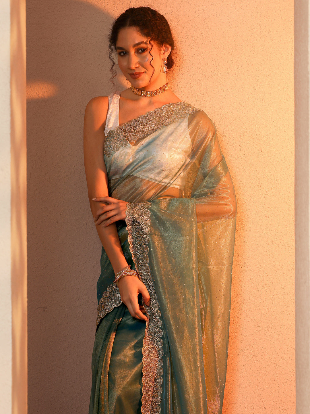  Blue Embellished Nylon Saree With Unstitched Blouse Piece 