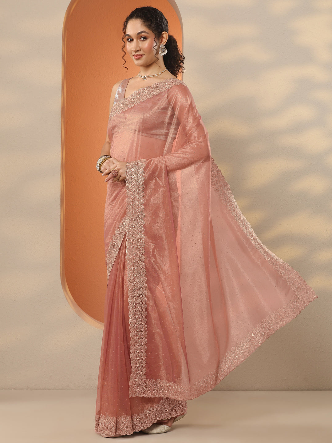  Coral Embellished Nylon Saree With Unstitched Blouse Piece 