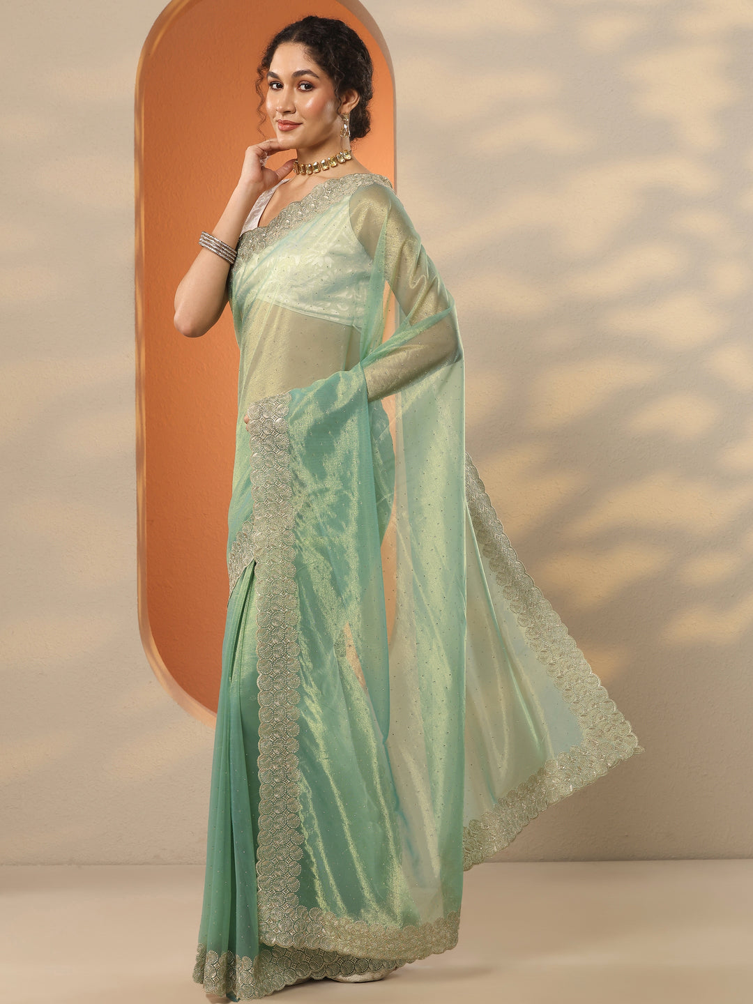  Green Embellished Nylon Saree With Unstitched Blouse Piece 
