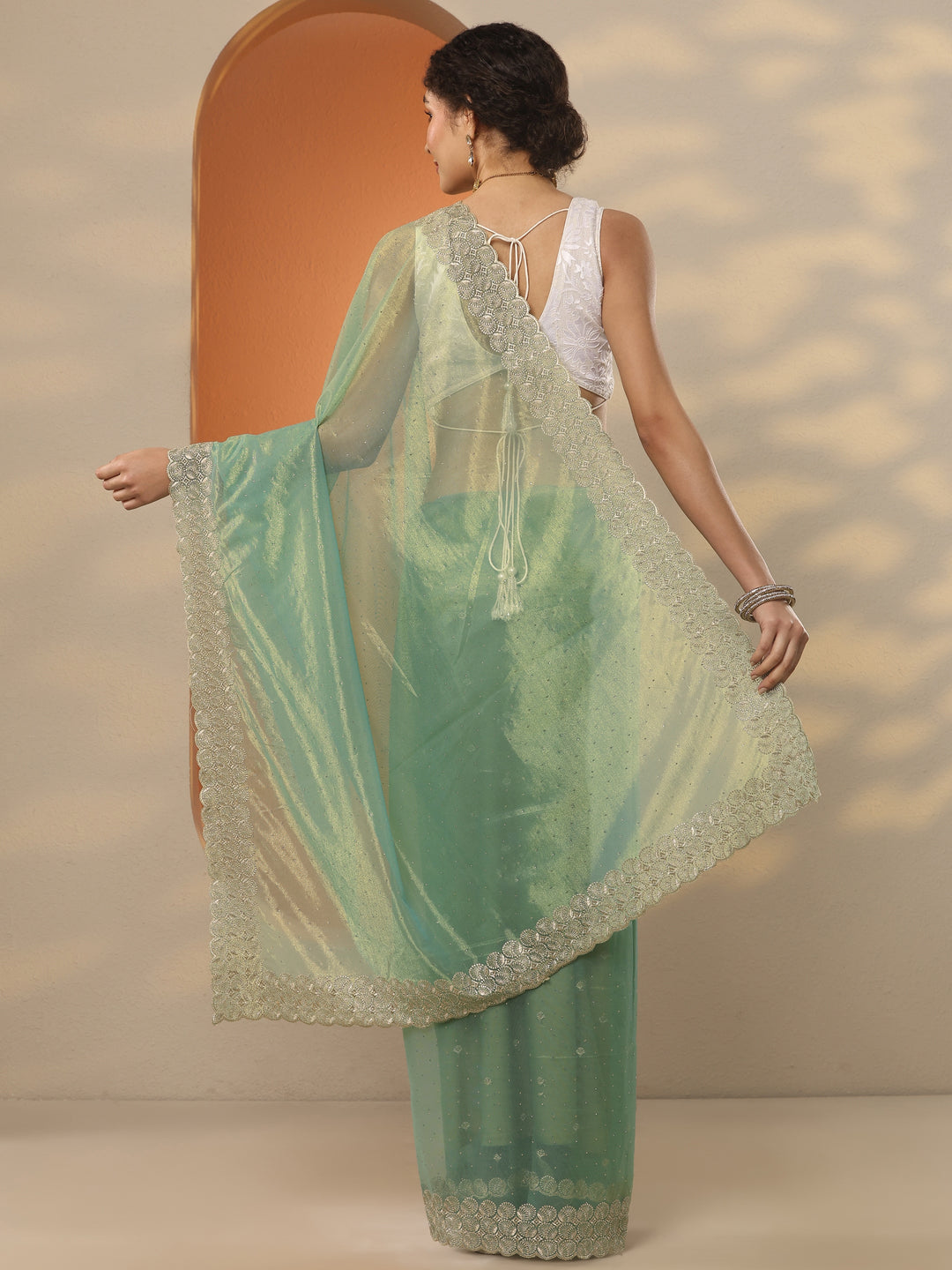  Green Embellished Nylon Saree With Unstitched Blouse Piece 
