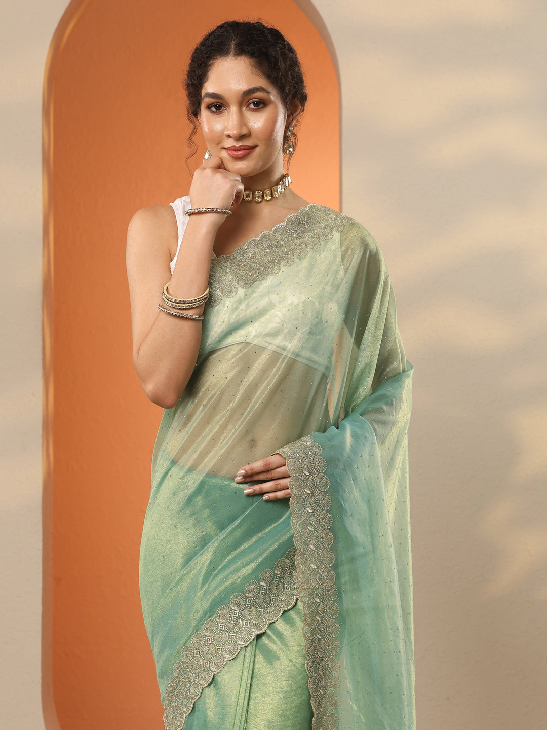  Green Embellished Nylon Saree With Unstitched Blouse Piece 