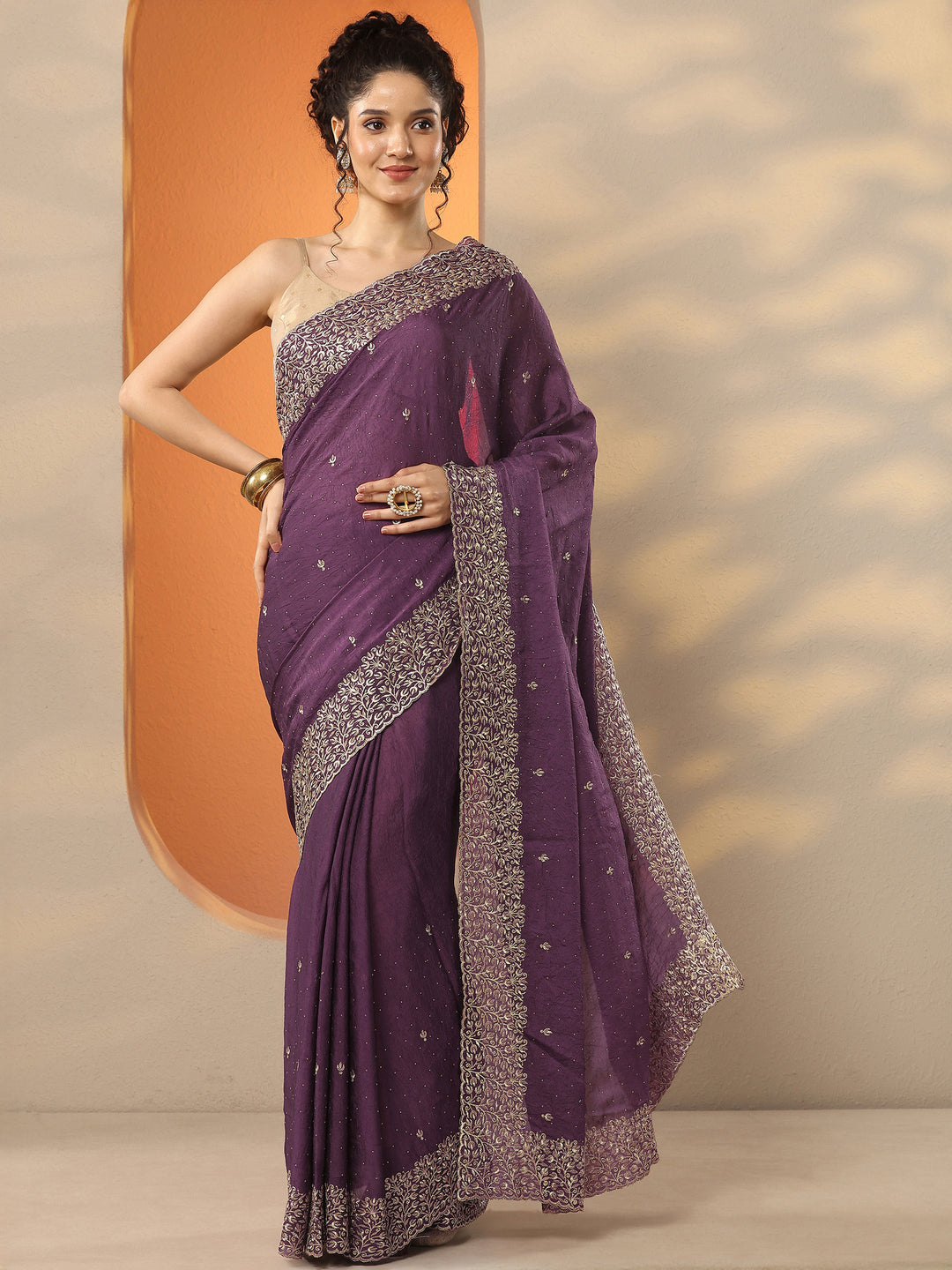  Burgundy Embellished Silk Blend Saree With Unstitched Blouse Piece 
