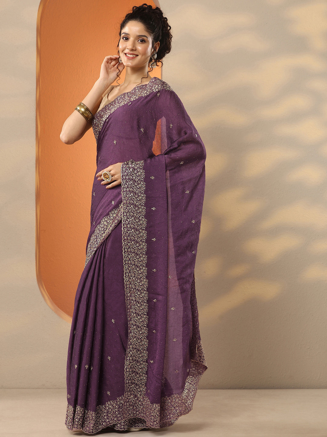  Burgundy Embellished Silk Blend Saree With Unstitched Blouse Piece 
