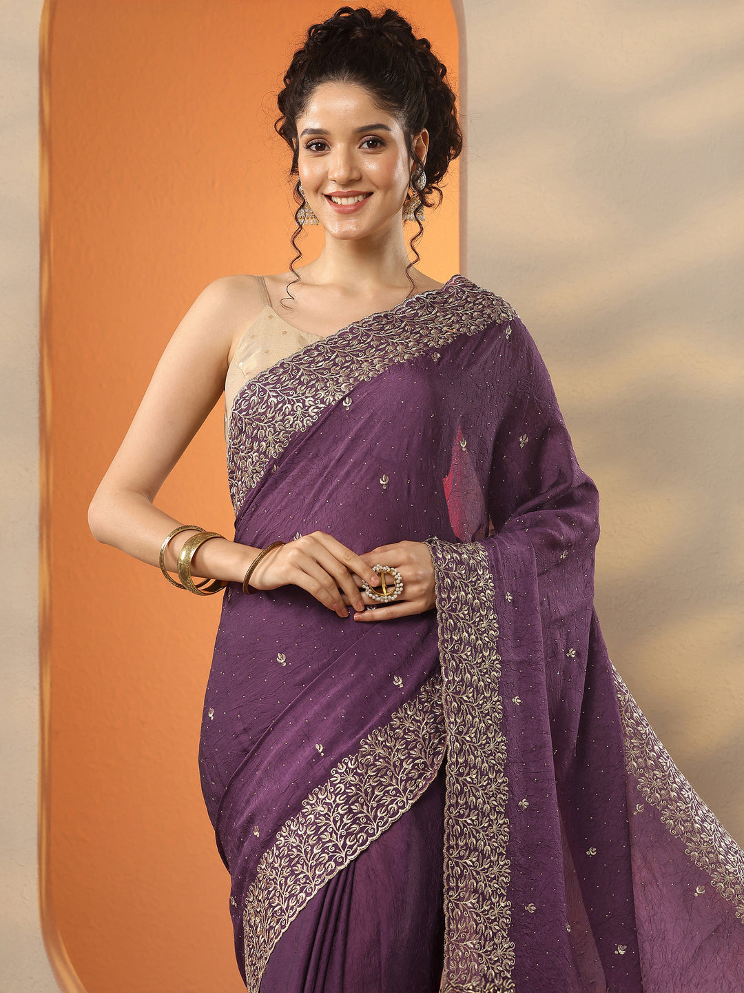  Burgundy Embellished Silk Blend Saree With Unstitched Blouse Piece 