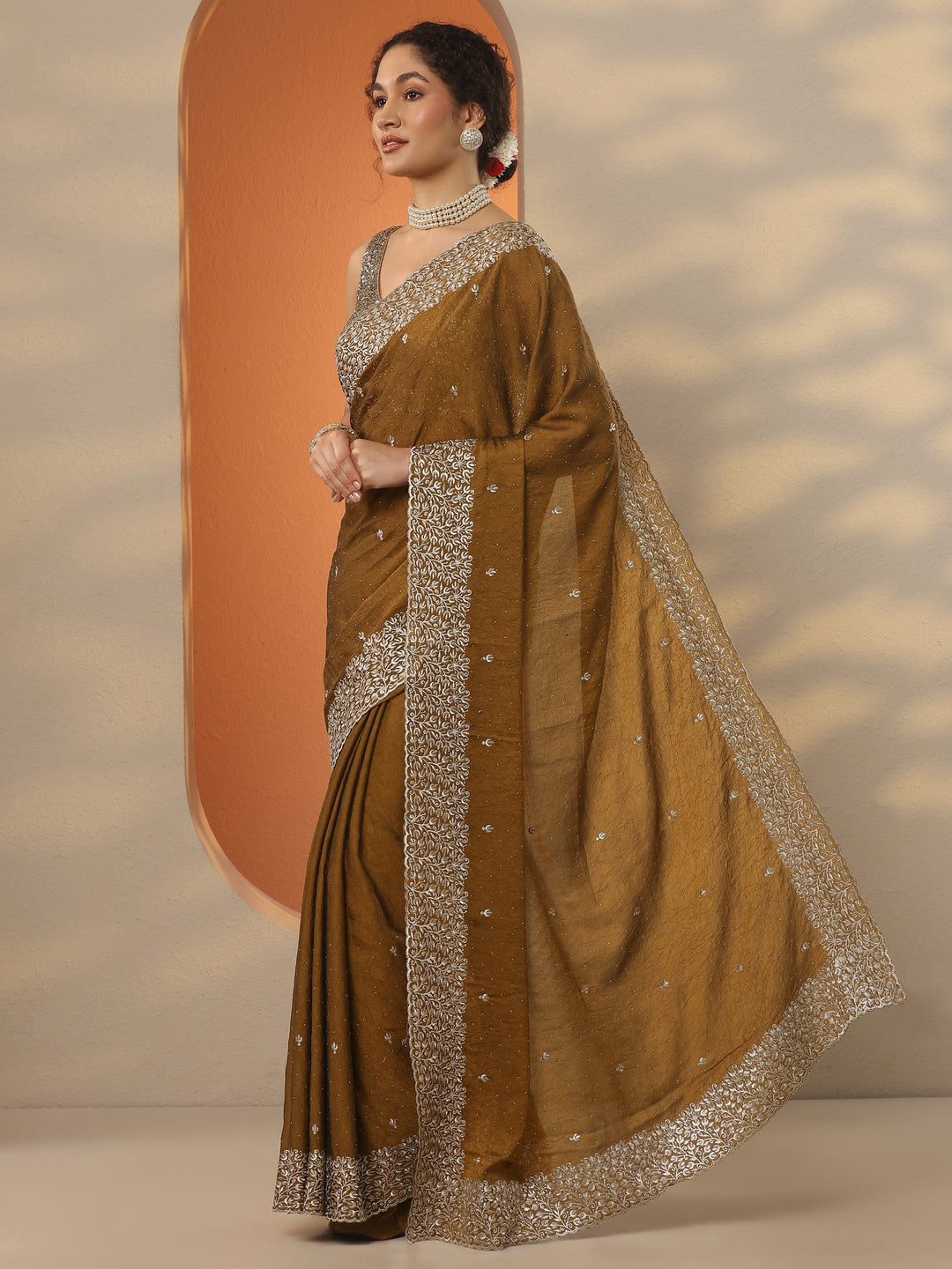  Mustard Embellished Silk Blend Saree With Unstitched Blouse Piece 