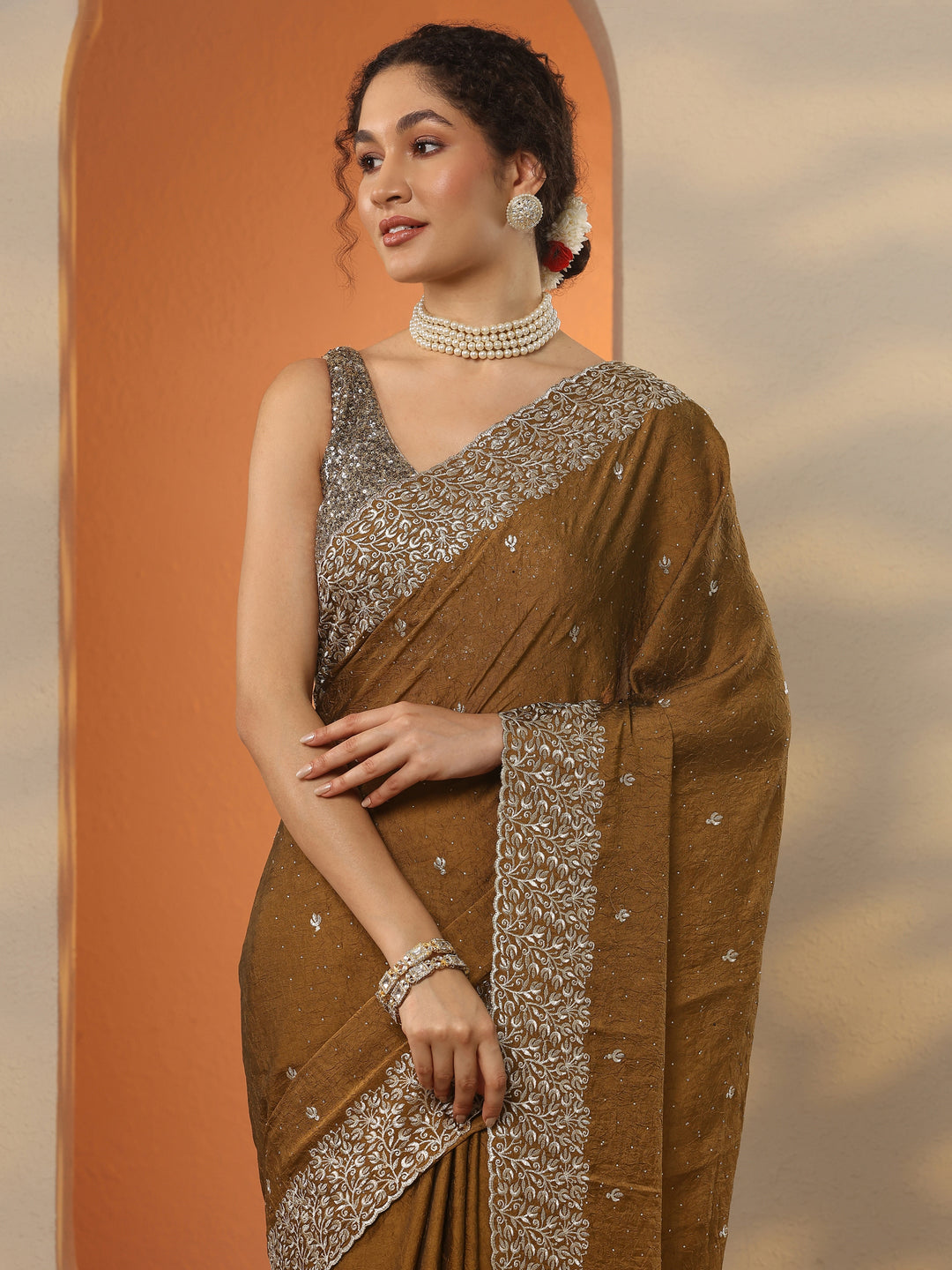  Mustard Embellished Silk Blend Saree With Unstitched Blouse Piece 