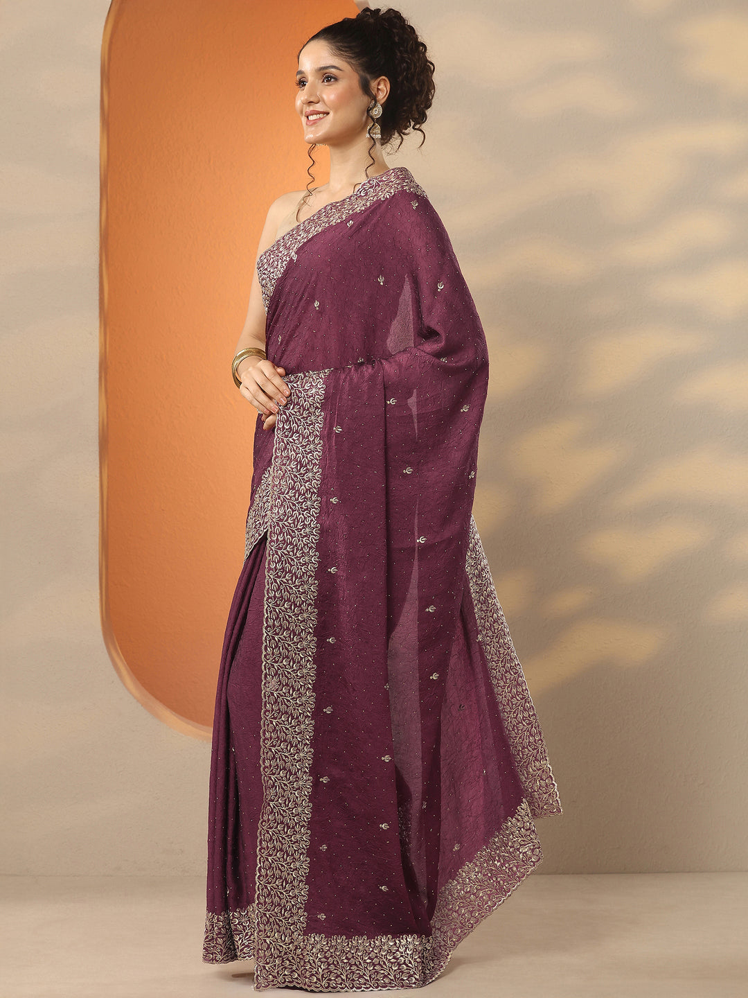  Maroon Embellished Silk Blend Saree With Unstitched Blouse Piece 