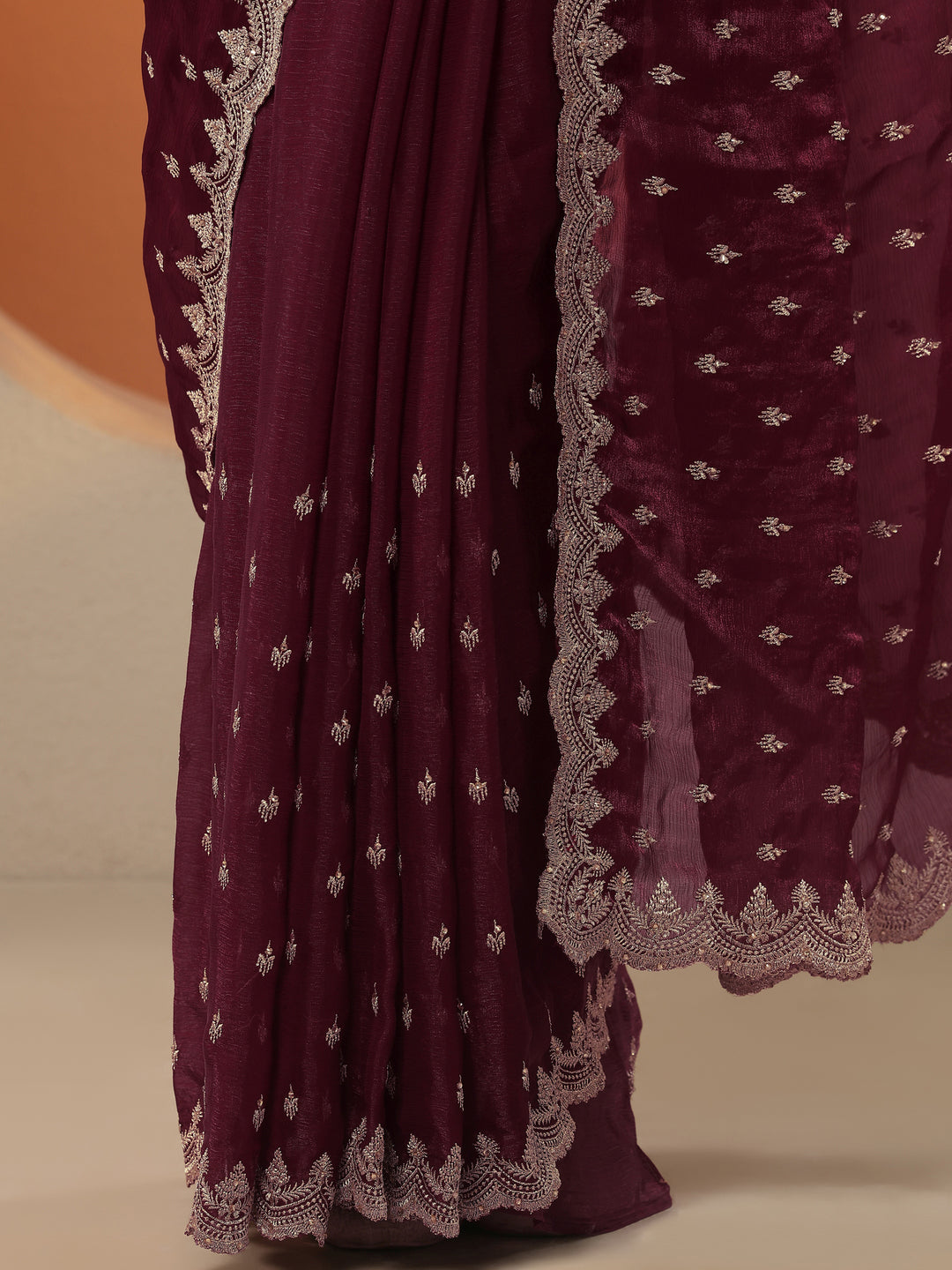  Maroon Embroidered Organza Saree With Unstitched Blouse Piece 