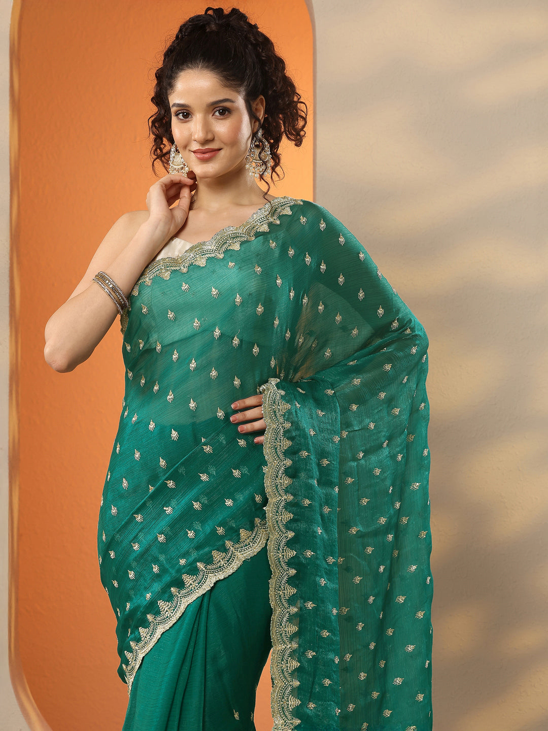  Green Embroidered Organza Saree With Unstitched Blouse Piece 