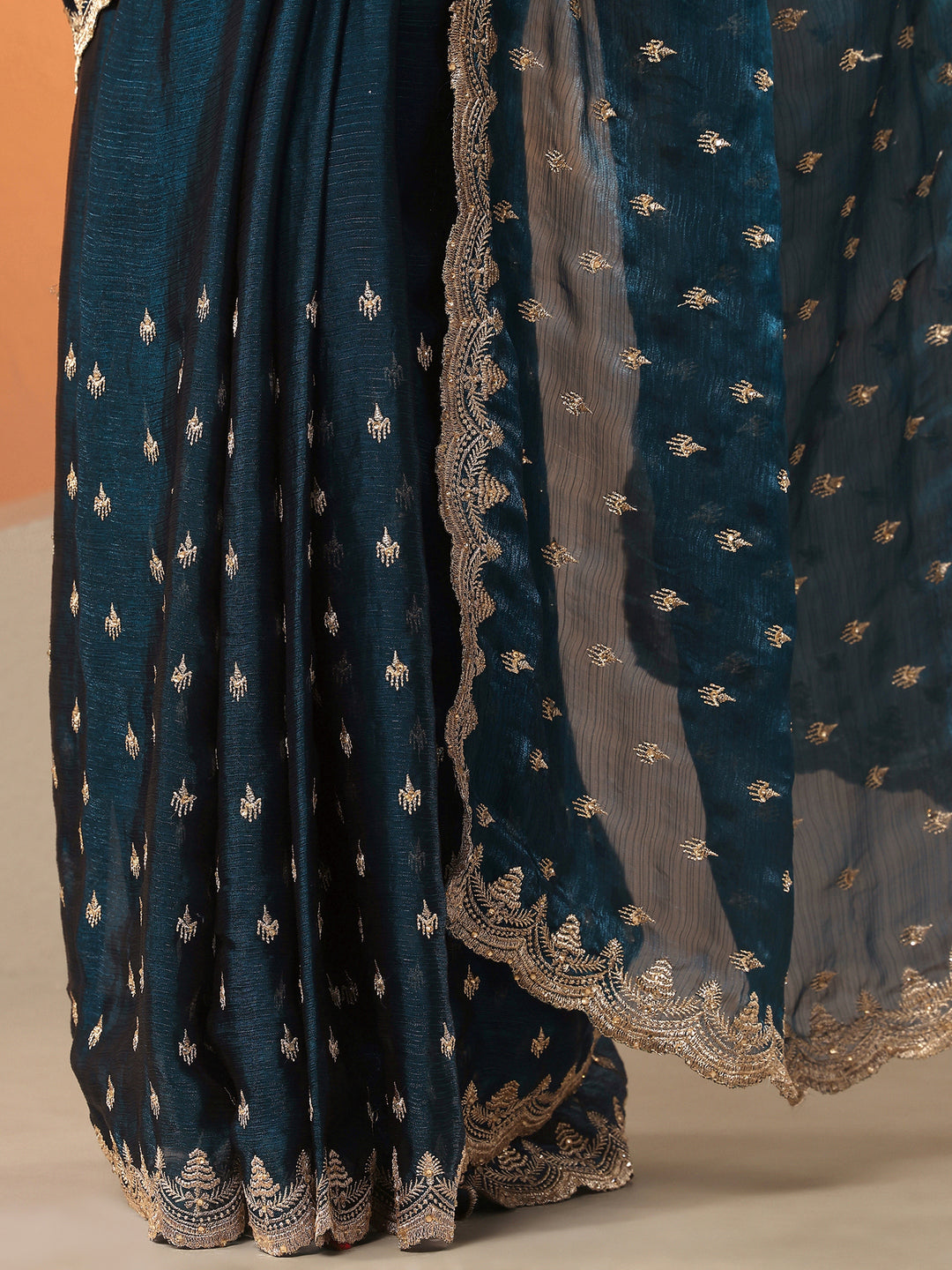  Teal Embroidered Organza Saree With Unstitched Blouse Piece 