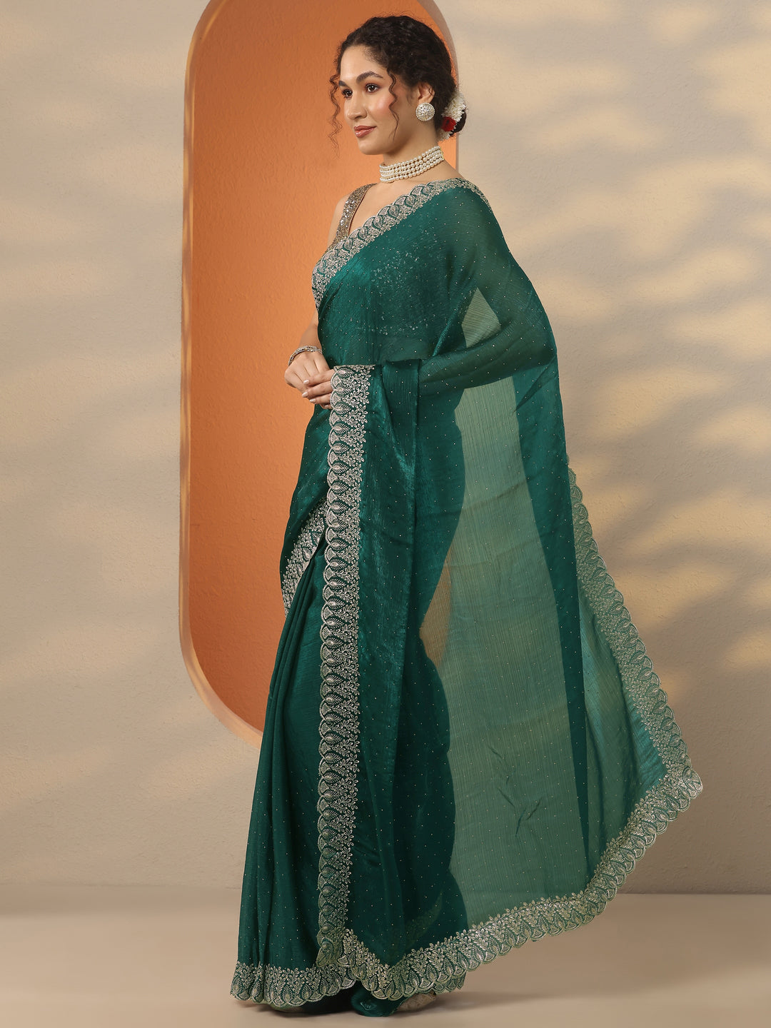  Green Embellished Organza Saree With Unstitched Blouse Piece 