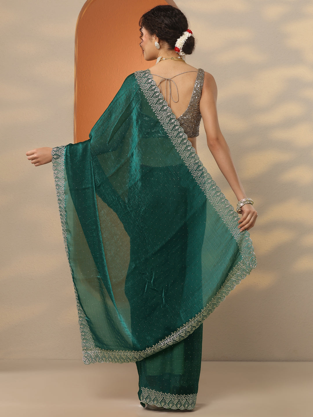  Green Embellished Organza Saree With Unstitched Blouse Piece 