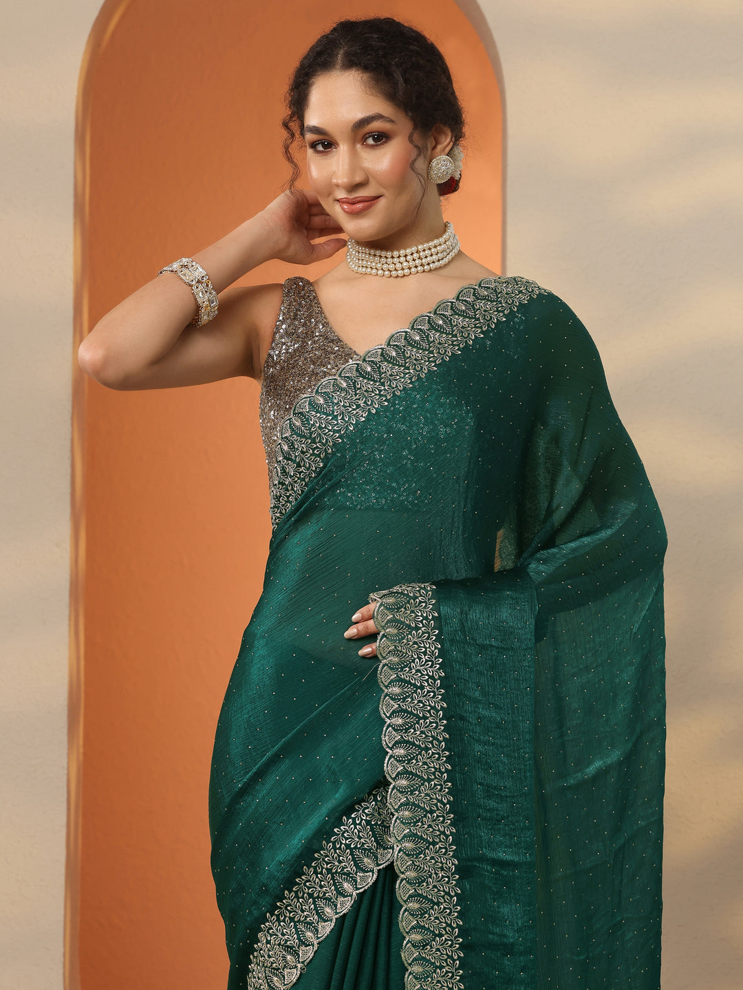  Green Embellished Organza Saree With Unstitched Blouse Piece 