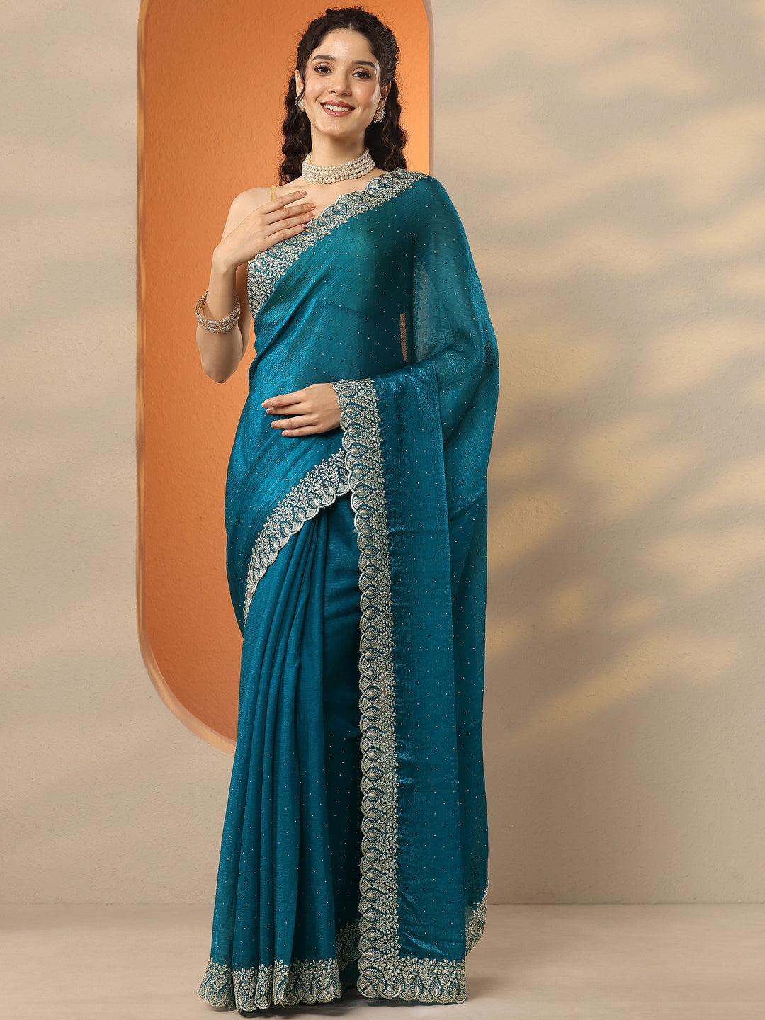 Teal Embellished Organza Saree With Unstitched Blouse Piece 