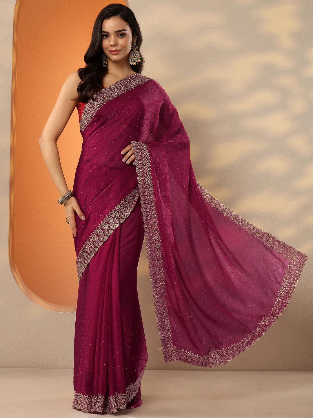  Red Embellished Organza Saree With Unstitched Blouse Piece 