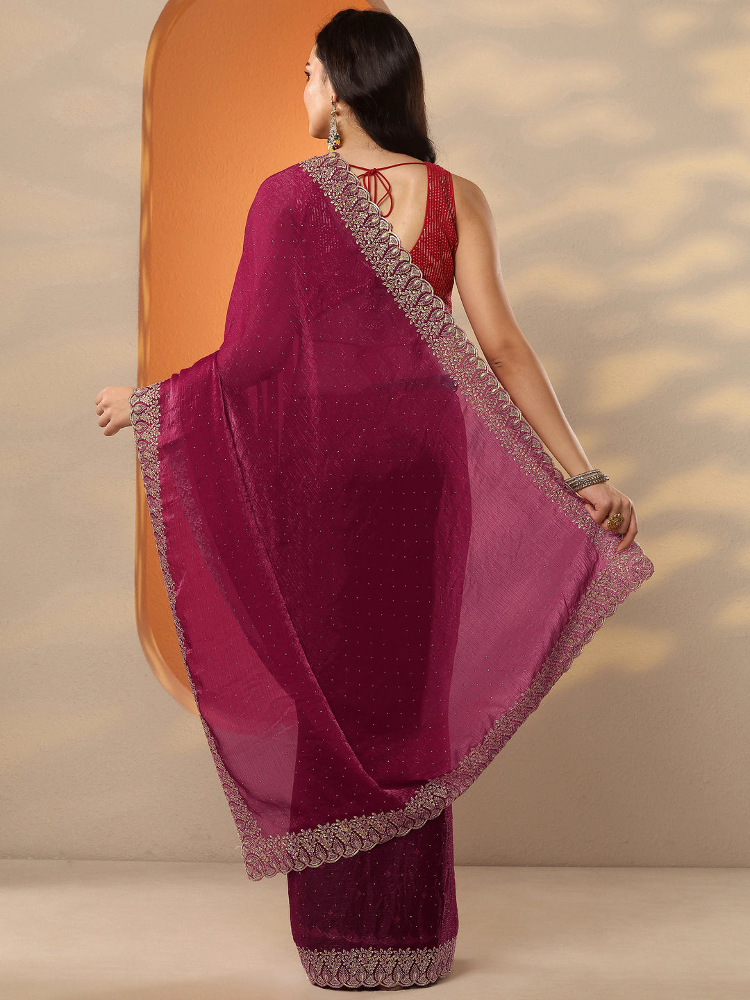  Red Embellished Organza Saree With Unstitched Blouse Piece 