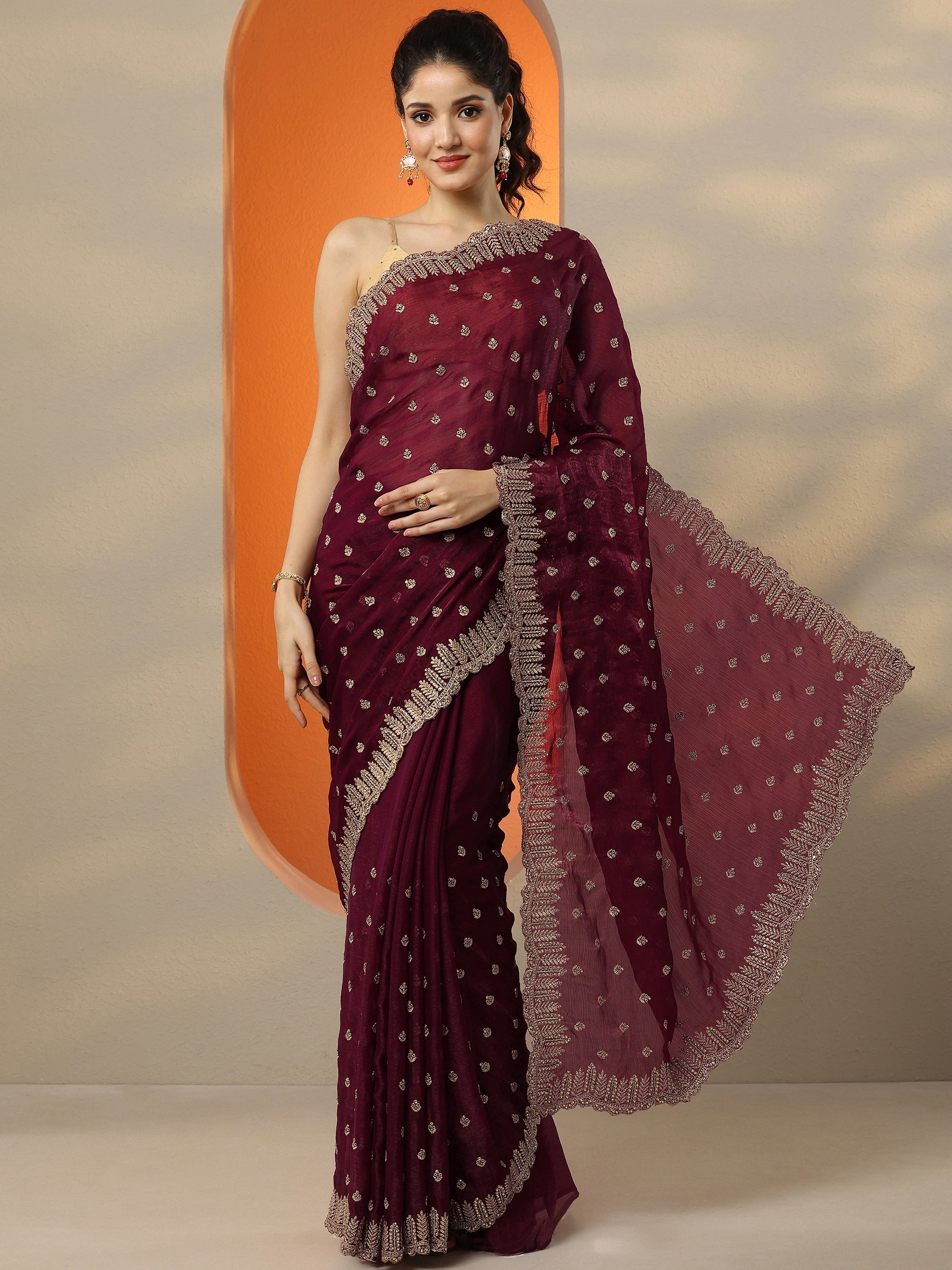 Maroon Embroidered Organza Saree With Unstitched Blouse Piece-image-48
