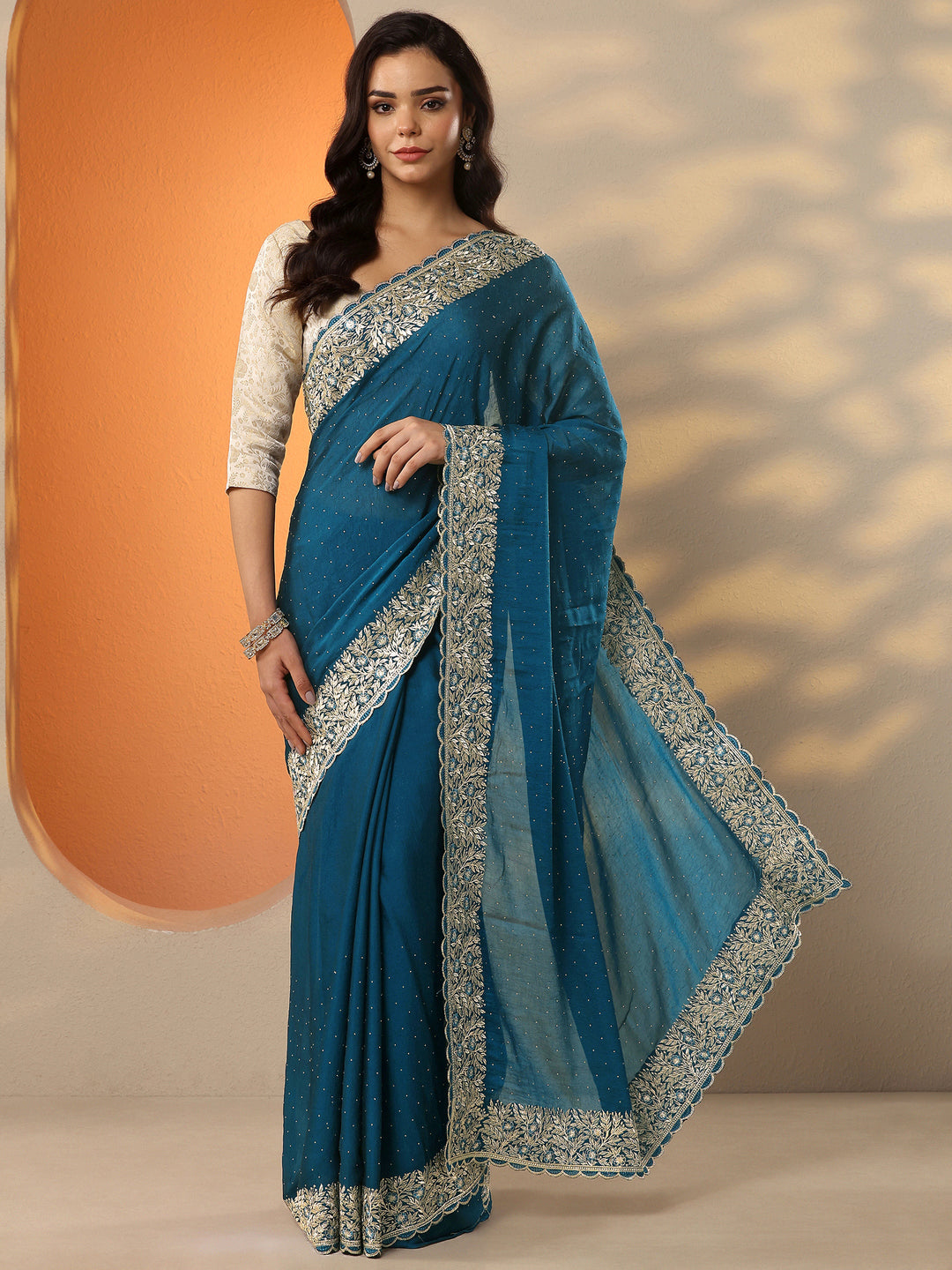  Blue Embellished Chinon Saree With Unstitched Blouse Piece 