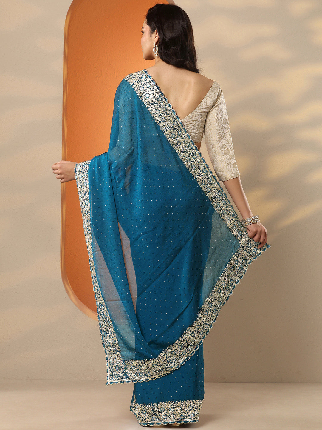  Blue Embellished Chinon Saree With Unstitched Blouse Piece 