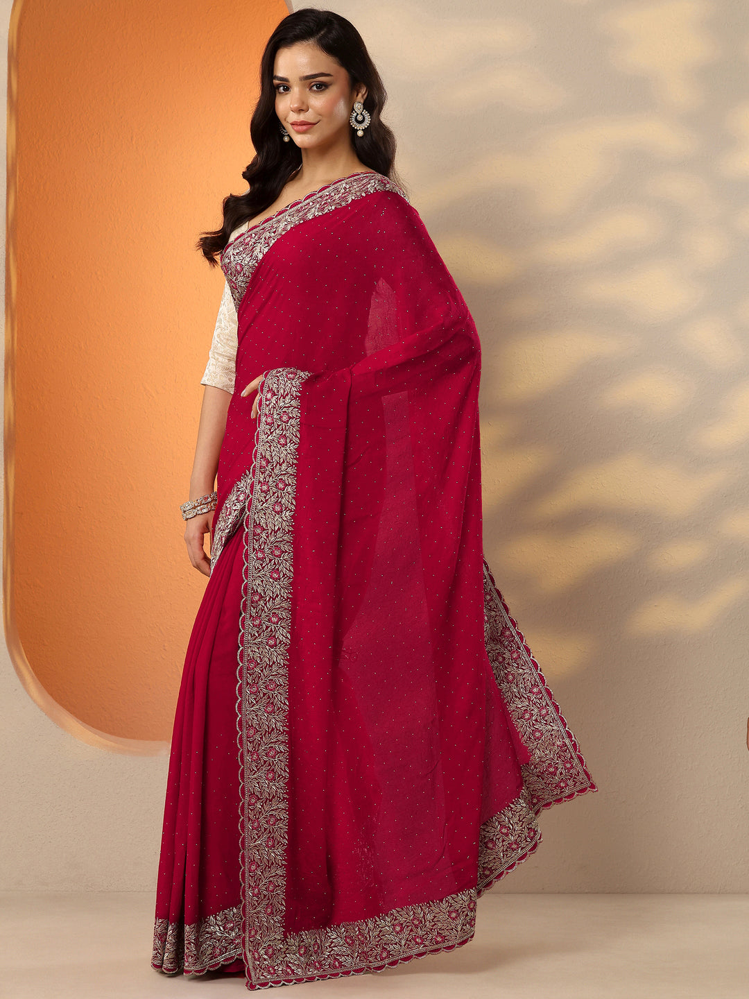  Red Embellished Chinon Saree With Unstitched Blouse Piece 