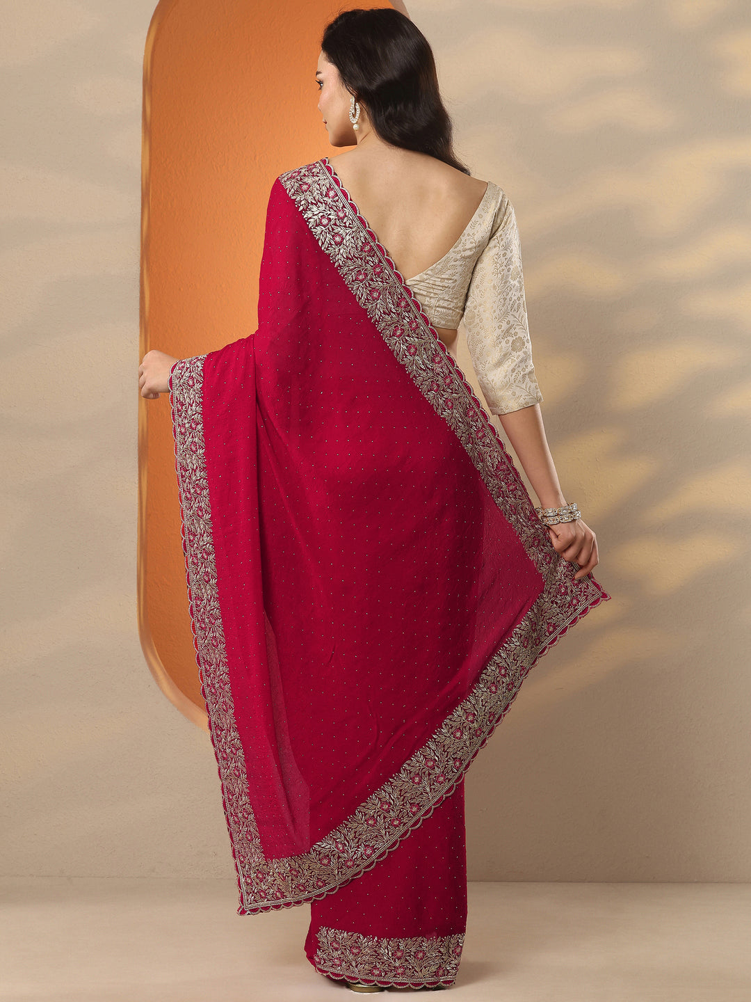  Red Embellished Chinon Saree With Unstitched Blouse Piece 
