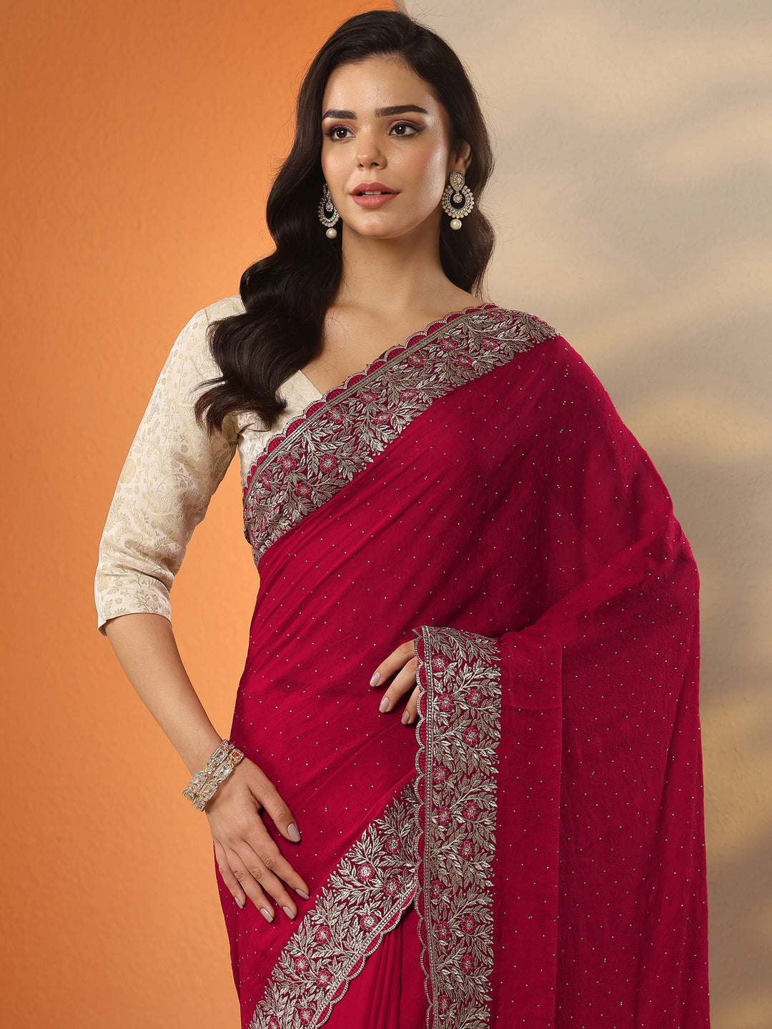  Red Embellished Chinon Saree With Unstitched Blouse Piece 