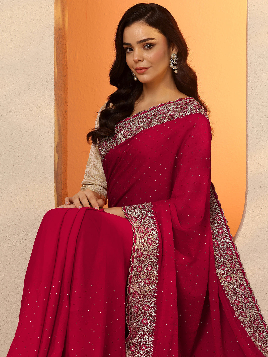  Red Embellished Chinon Saree With Unstitched Blouse Piece 