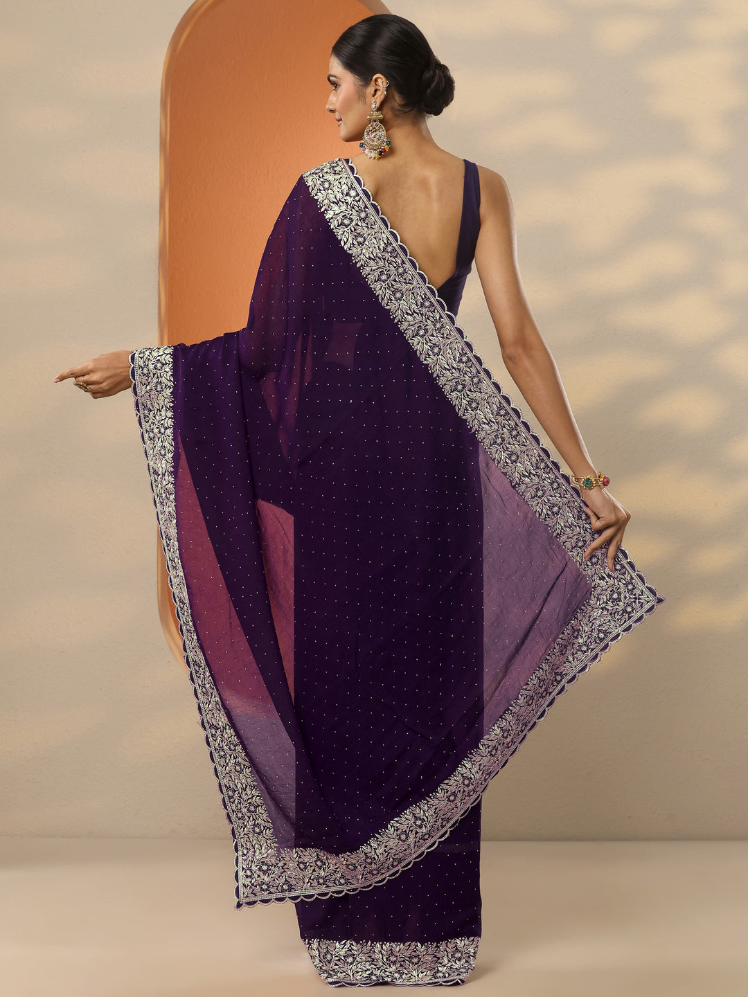  Burgundy Embellished Chinon Saree With Unstitched Blouse Piece 