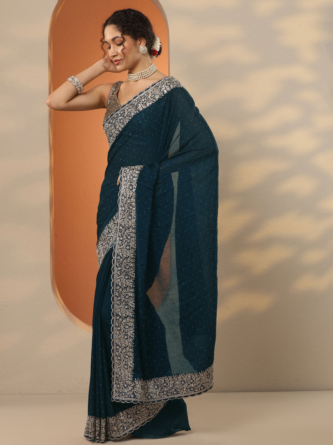  Navy Blue Embellished Chinon Saree With Unstitched Blouse Piece 