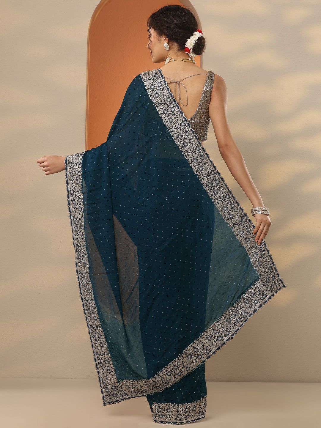  Navy Blue Embellished Chinon Saree With Unstitched Blouse Piece 