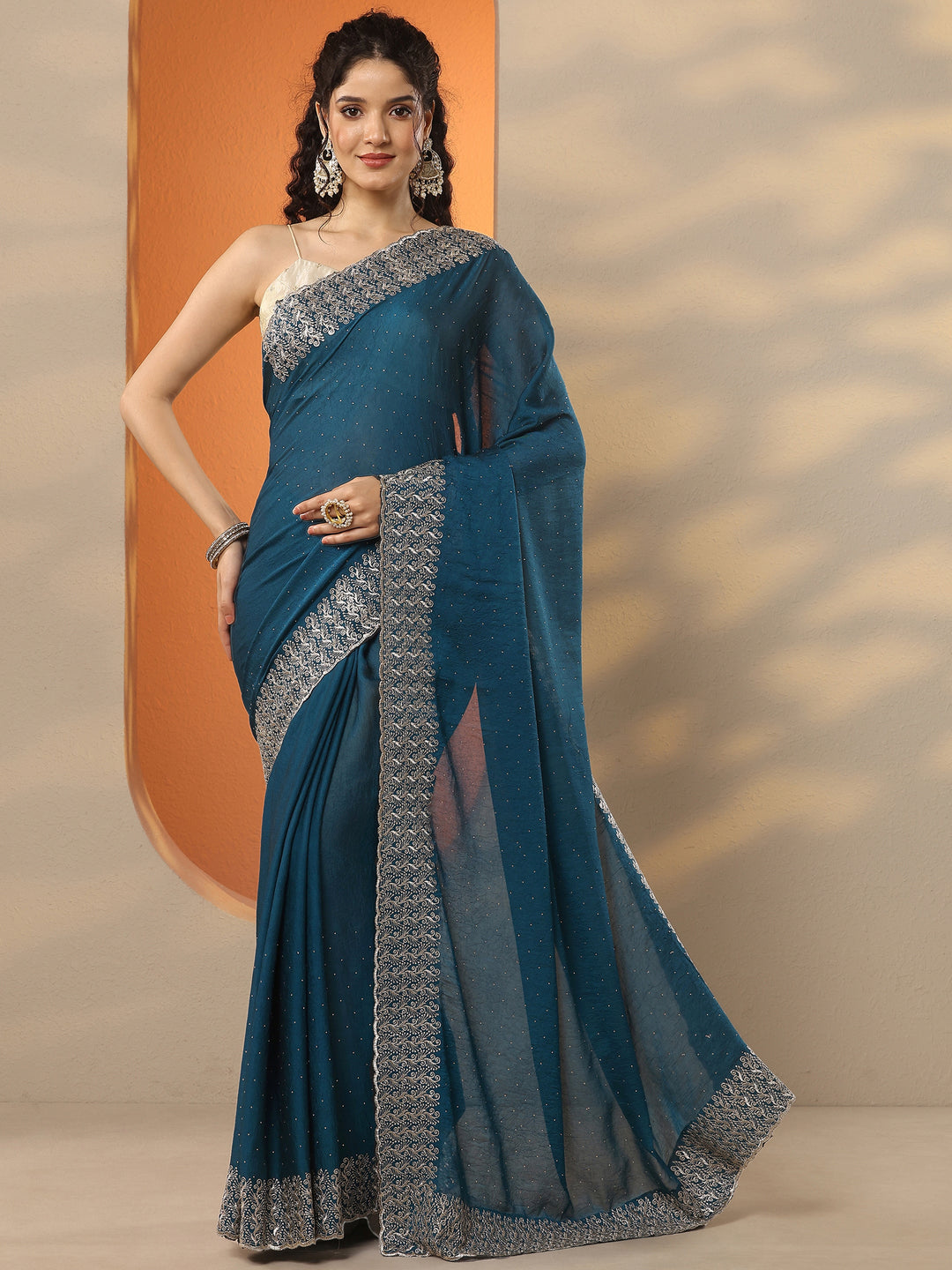  Blue Embellished Chinon Saree With Unstitched Blouse Piece 