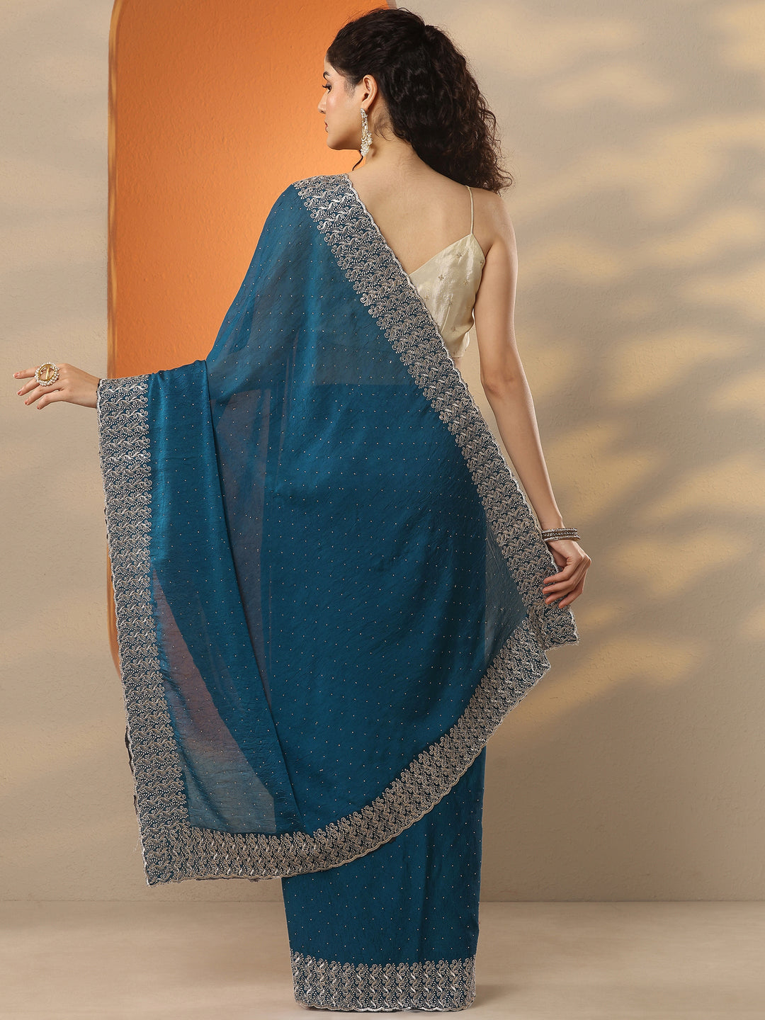  Blue Embellished Chinon Saree With Unstitched Blouse Piece 