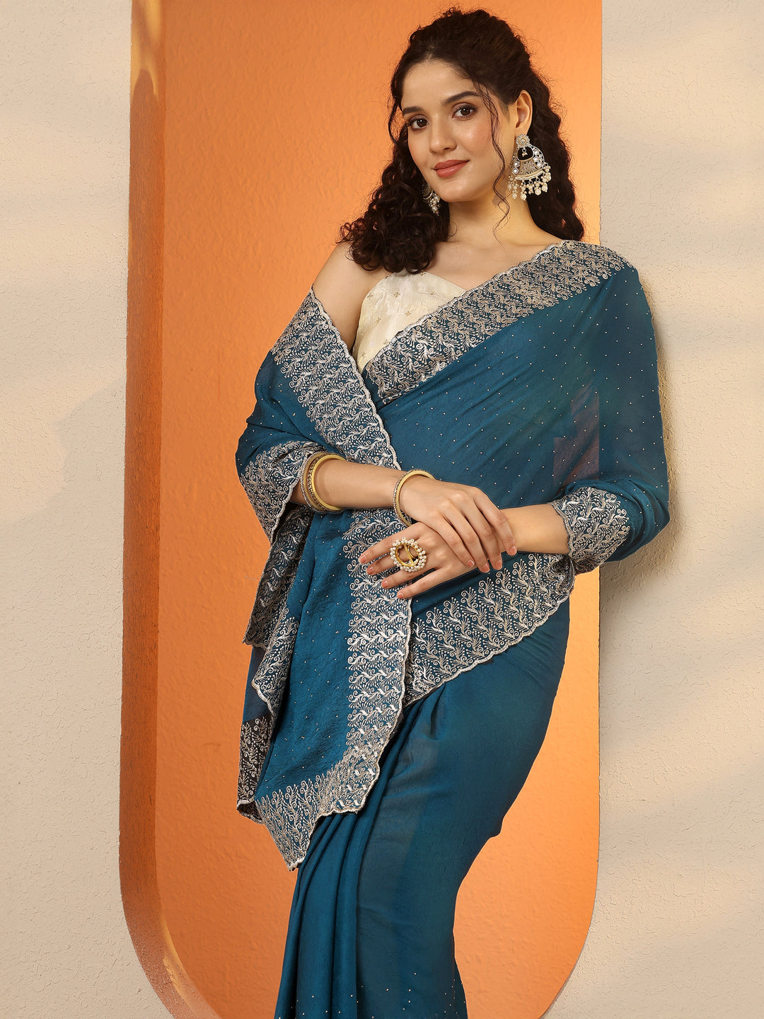 Blue Embellished Chinon Saree With Unstitched Blouse Piece
