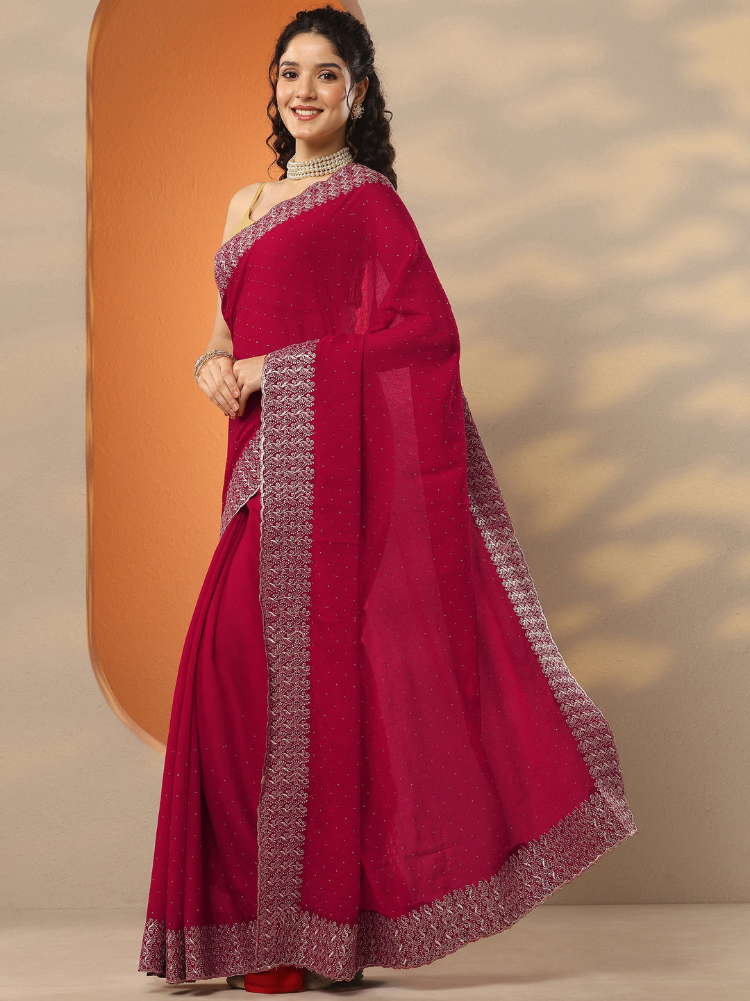  Red Embellished Chinon Saree With Unstitched Blouse Piece 