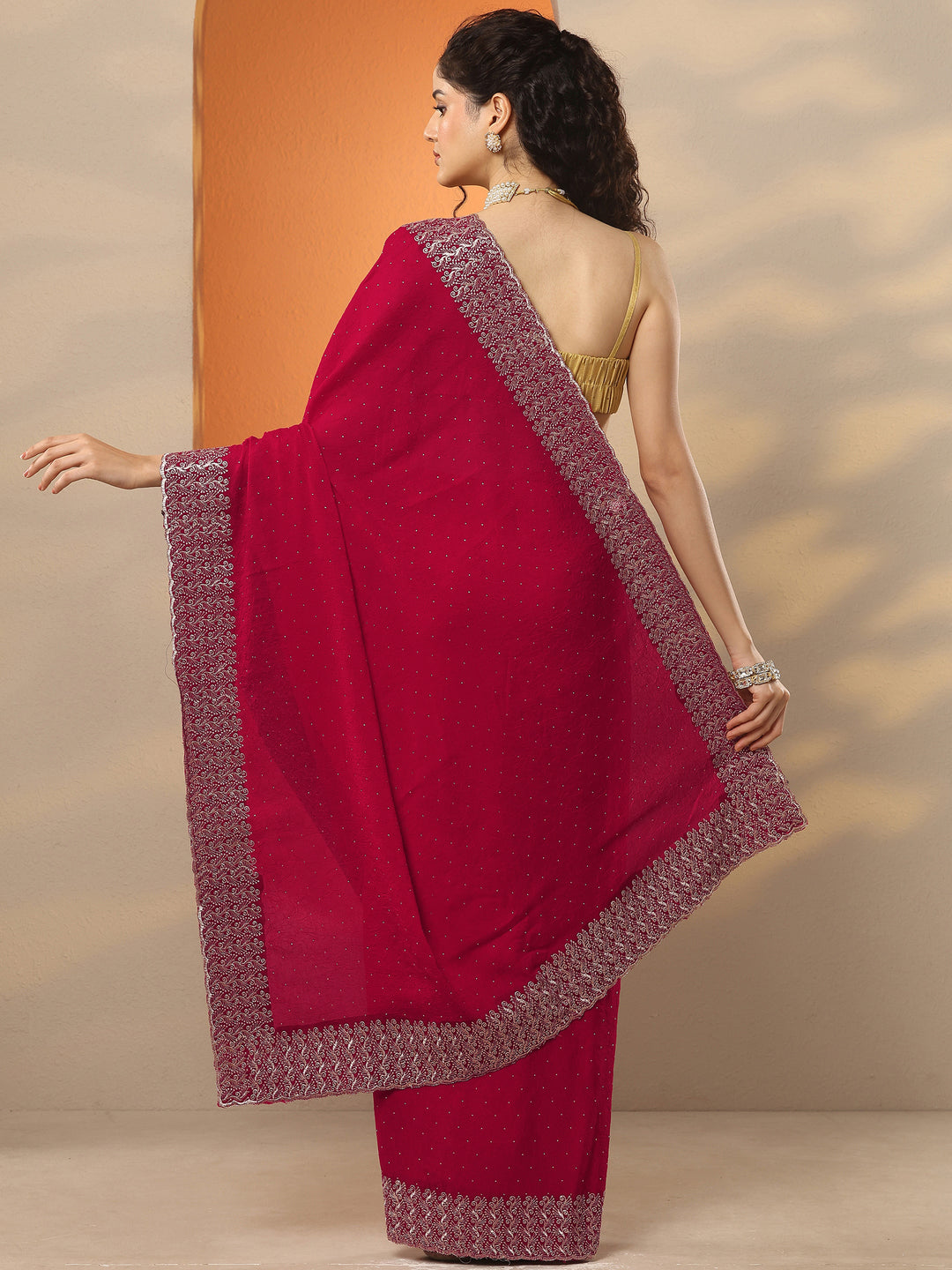  Red Embellished Chinon Saree With Unstitched Blouse Piece 