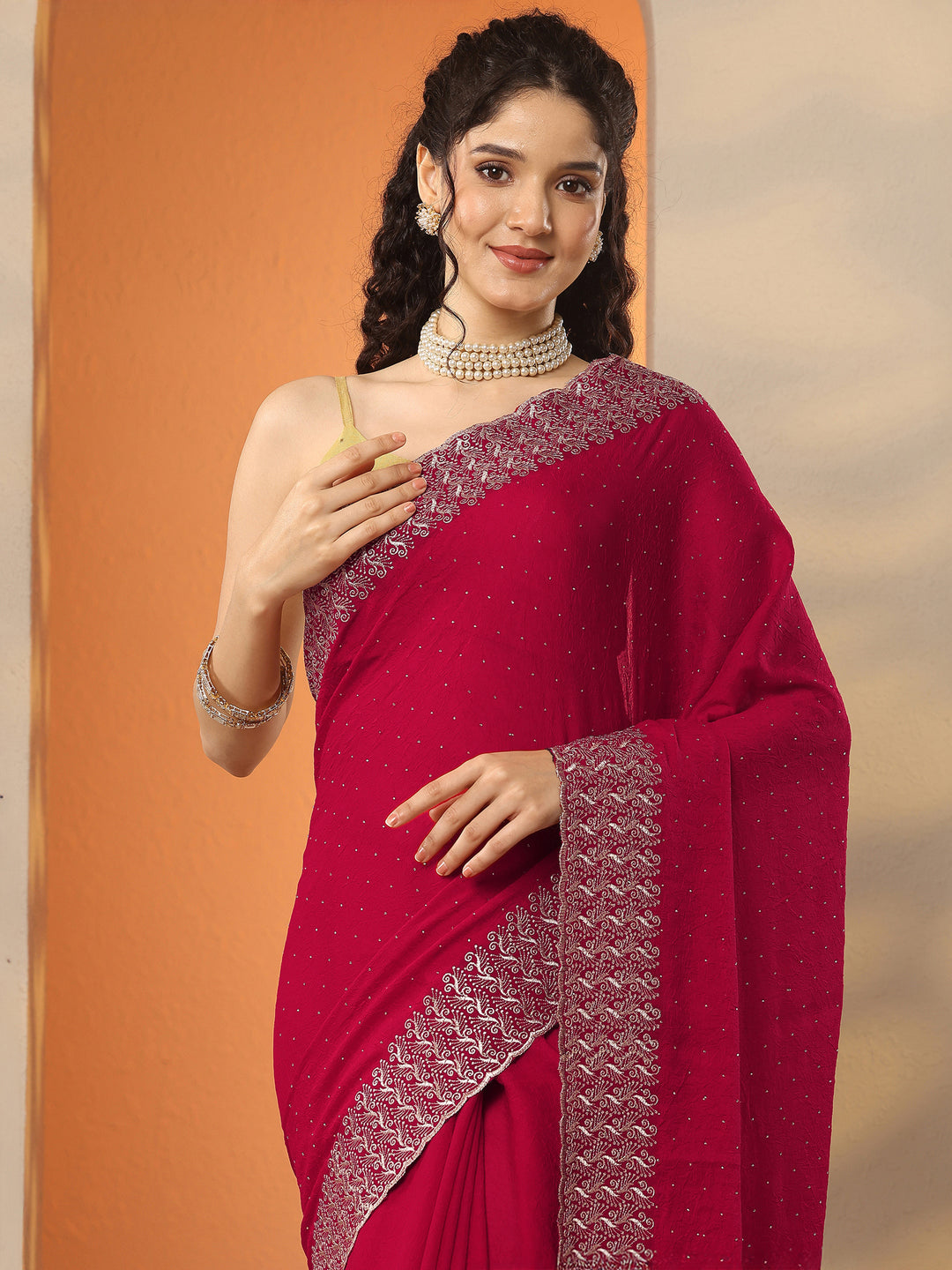  Red Embellished Chinon Saree With Unstitched Blouse Piece 