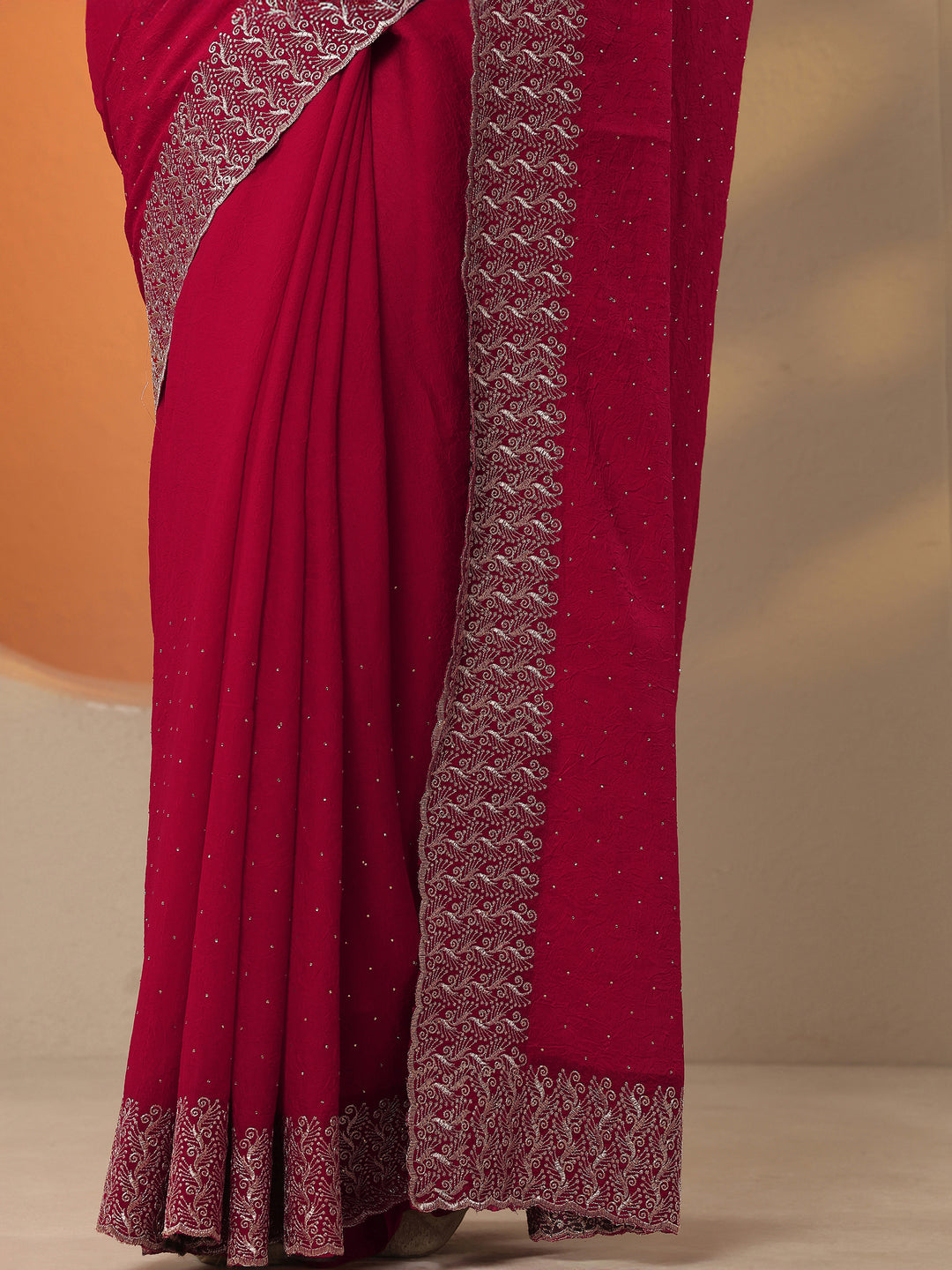  Red Embellished Chinon Saree With Unstitched Blouse Piece 