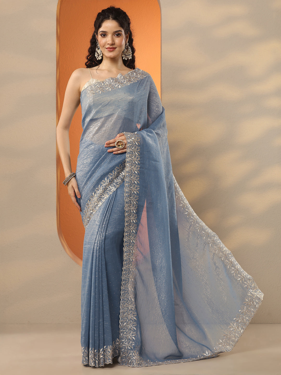  Grey Embellished Chinon Saree With Unstitched Blouse Piece 