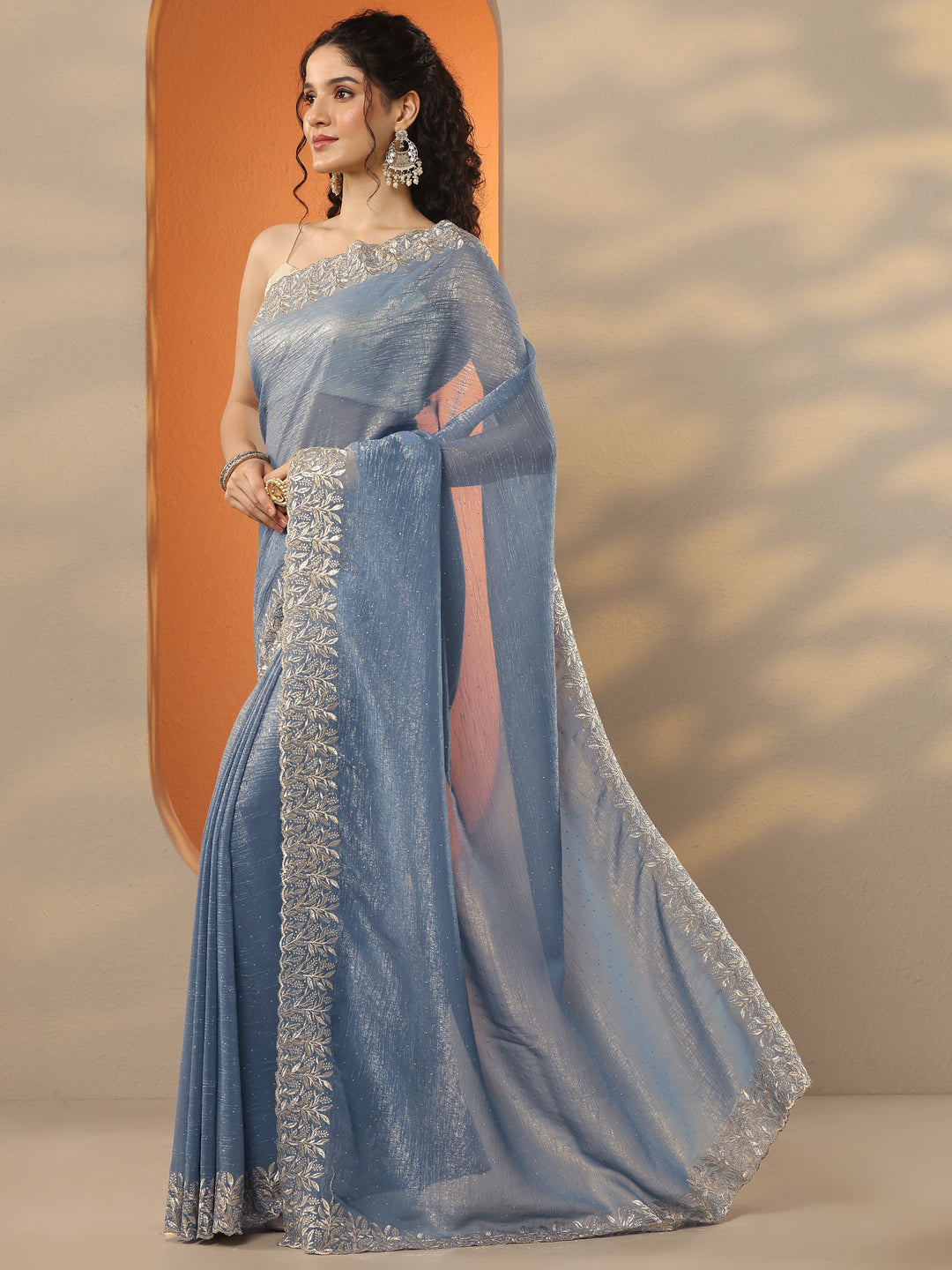  Grey Embellished Chinon Saree With Unstitched Blouse Piece 