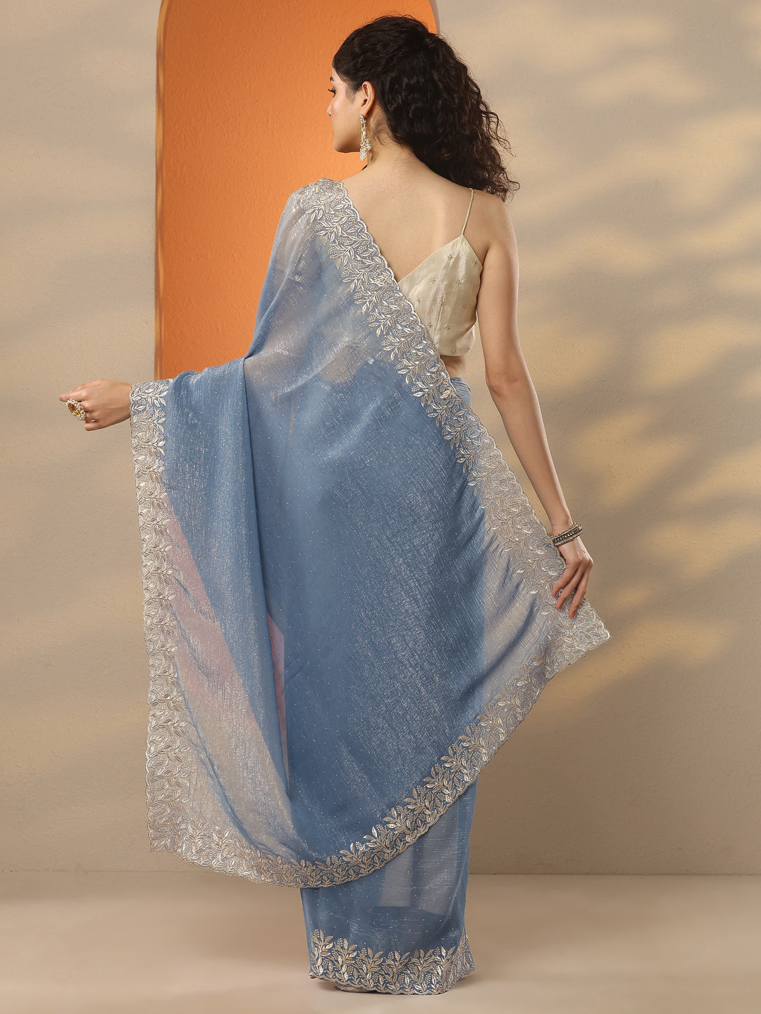  Grey Embellished Chinon Saree With Unstitched Blouse Piece 