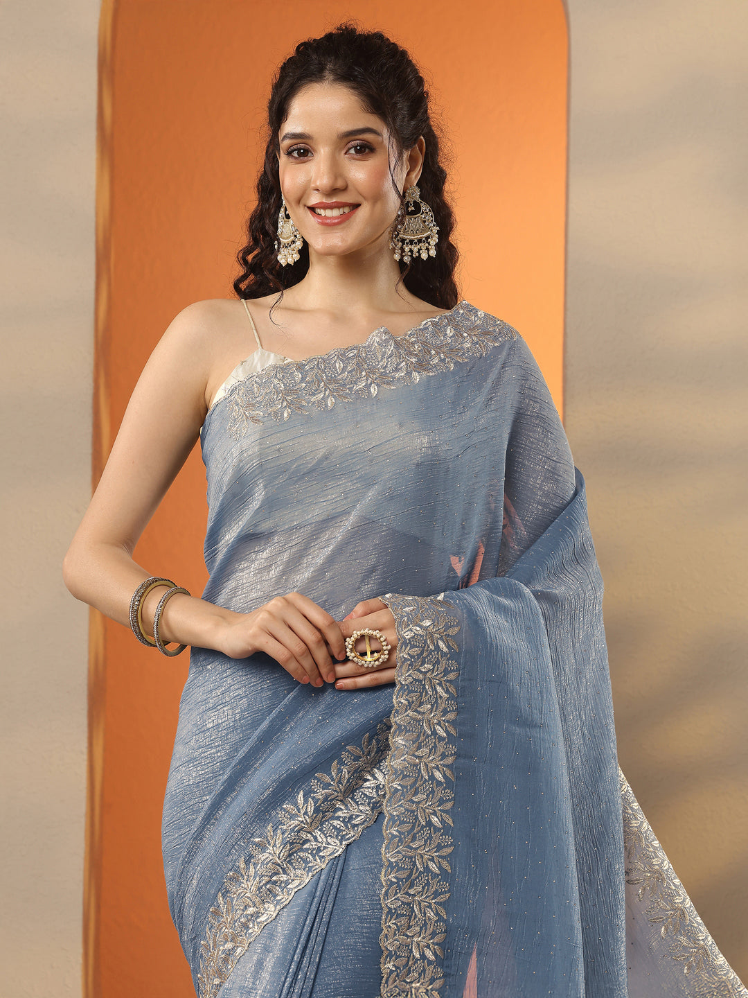  Grey Embellished Chinon Saree With Unstitched Blouse Piece 
