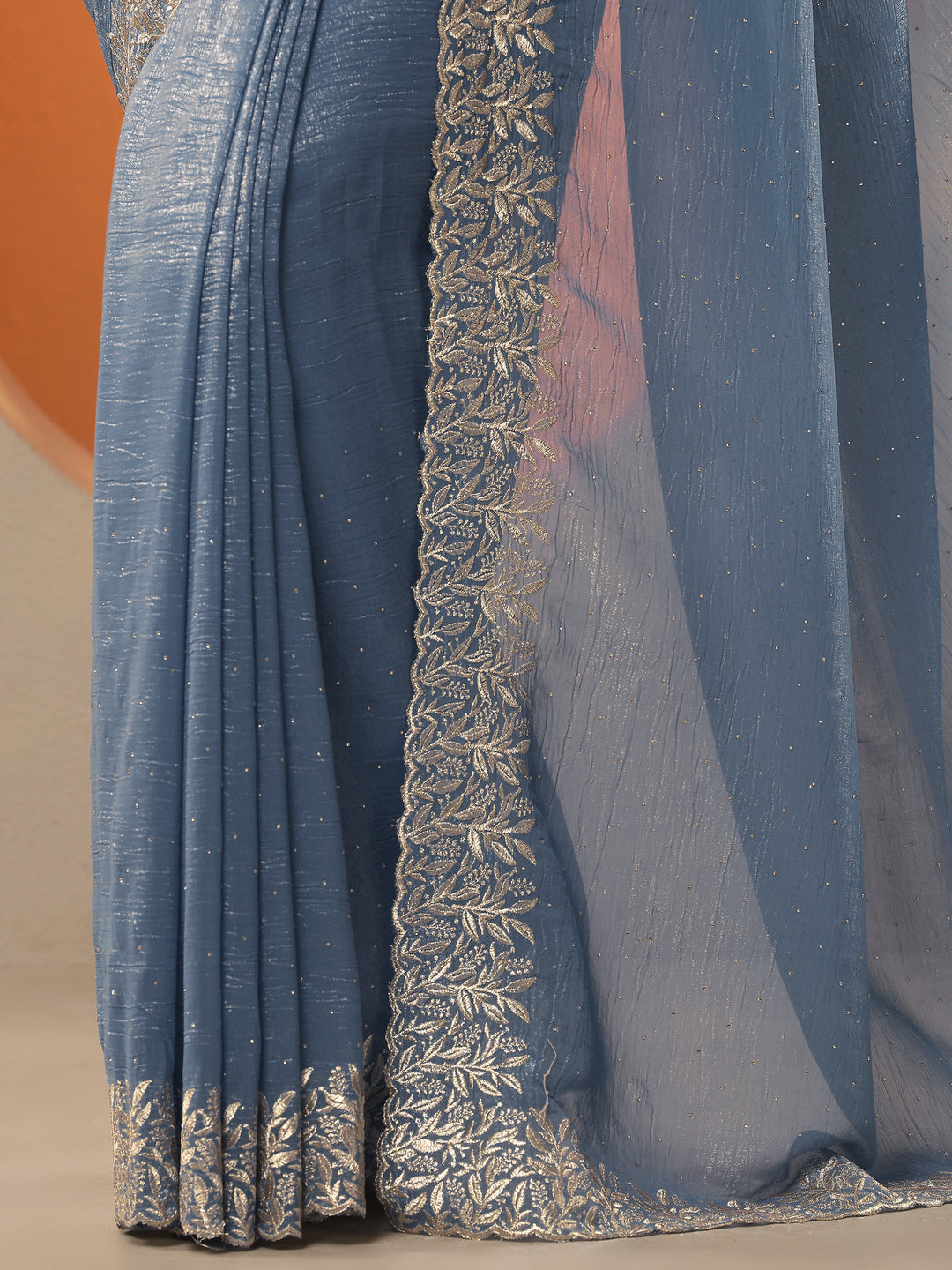  Grey Embellished Chinon Saree With Unstitched Blouse Piece 