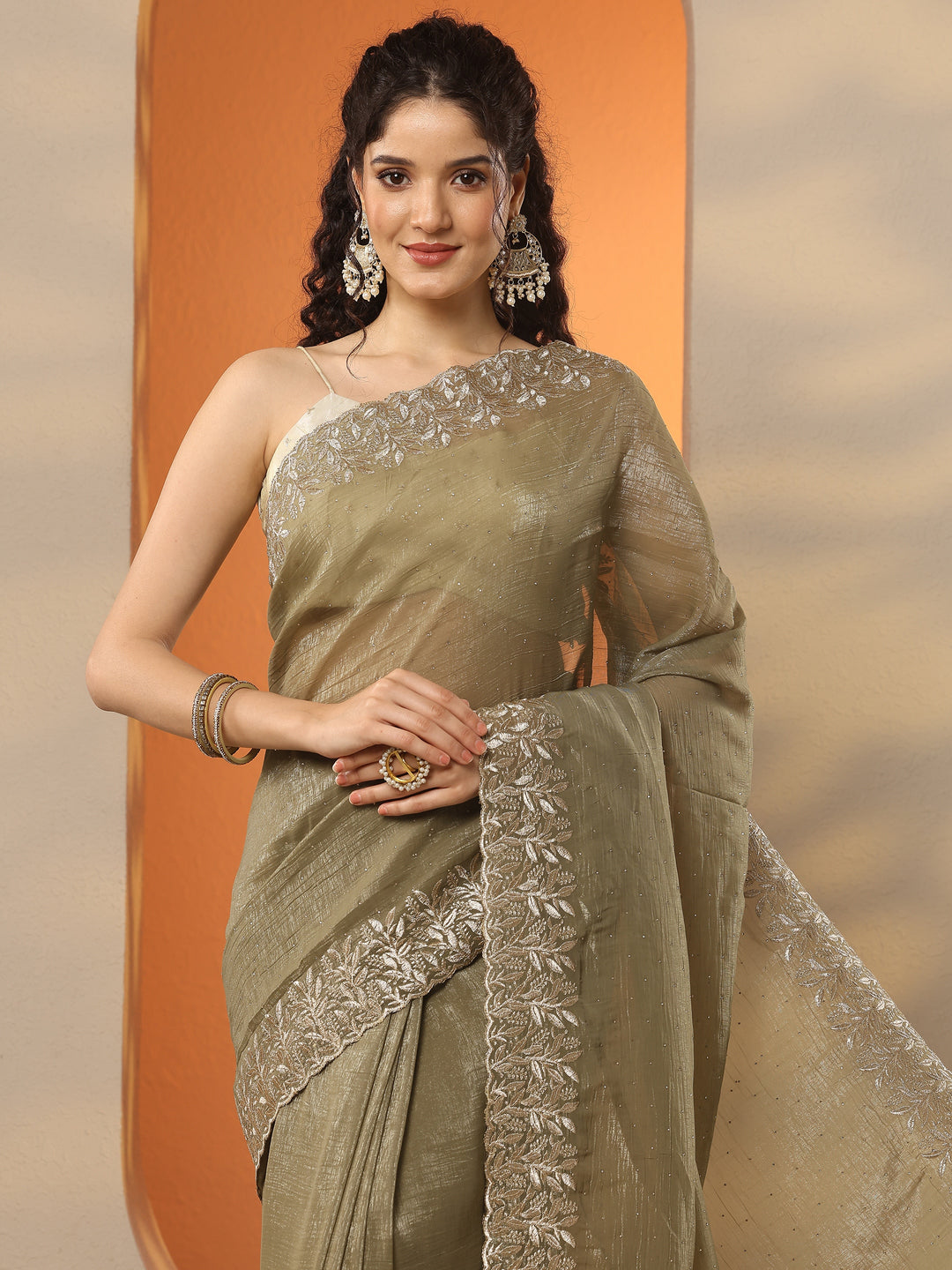  Green Embellished Chinon Saree With Unstitched Blouse Piece 