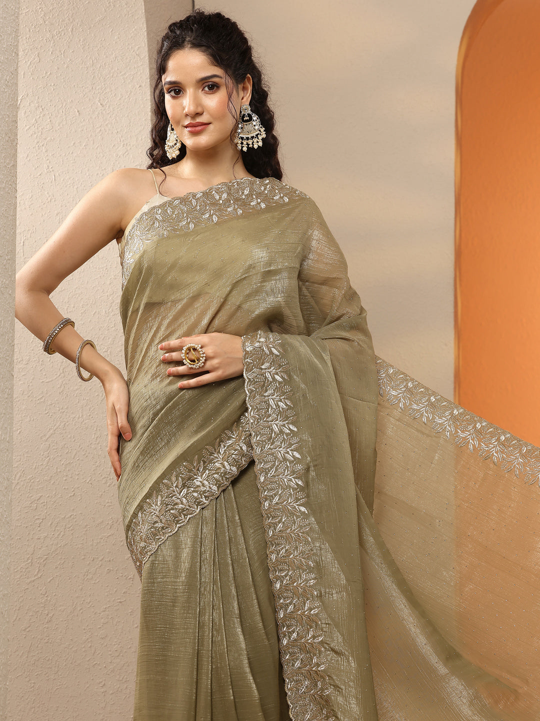 Green Embellished Chinon Saree With Unstitched Blouse Piece