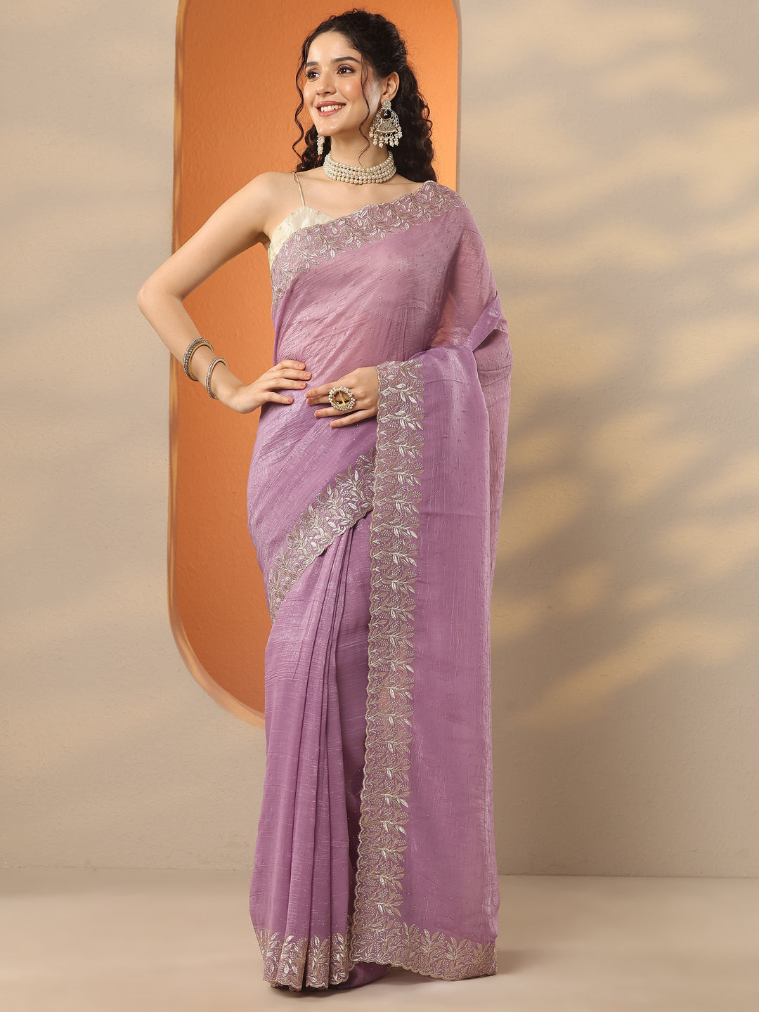  Lavender Embellished Chinon Saree With Unstitched Blouse Piece 