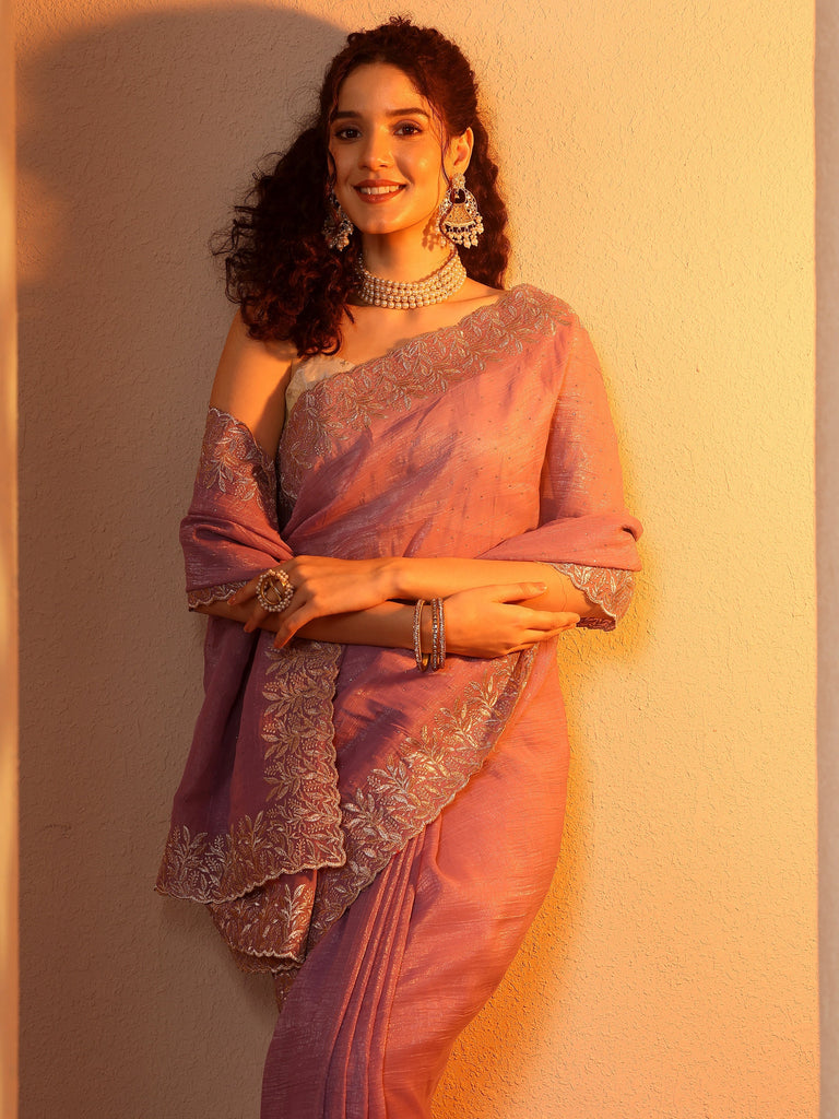 Libas Lavender Embellished Chinon Saree With Unstitched Blouse Piece