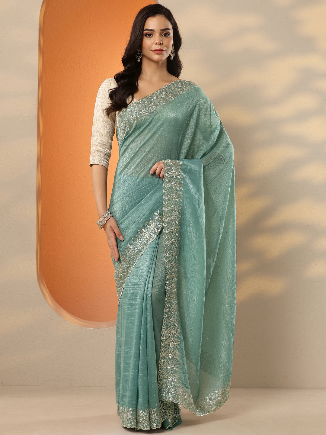  Green Embellished Chinon Saree With Unstitched Blouse Piece 