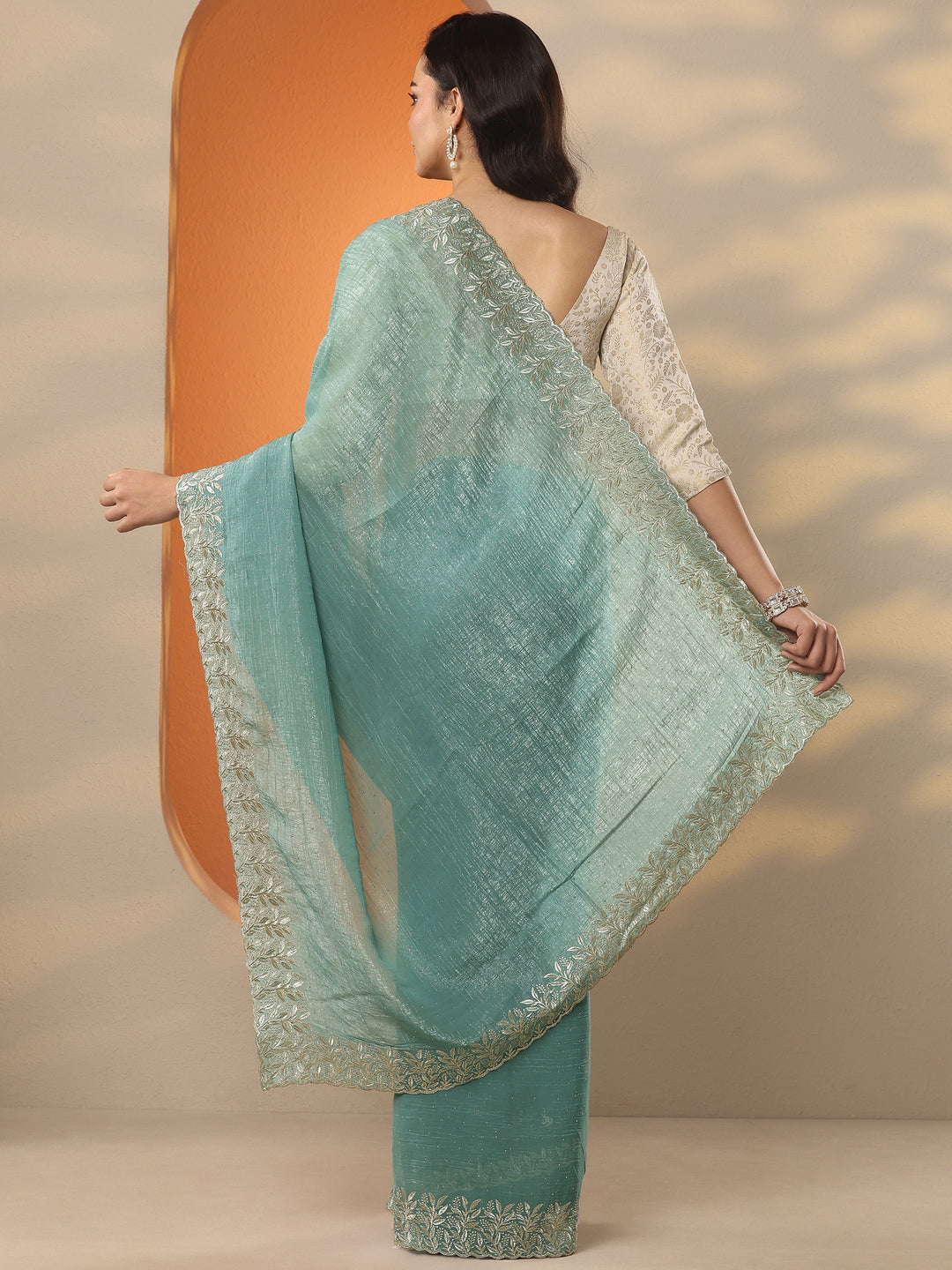  Green Embellished Chinon Saree With Unstitched Blouse Piece 