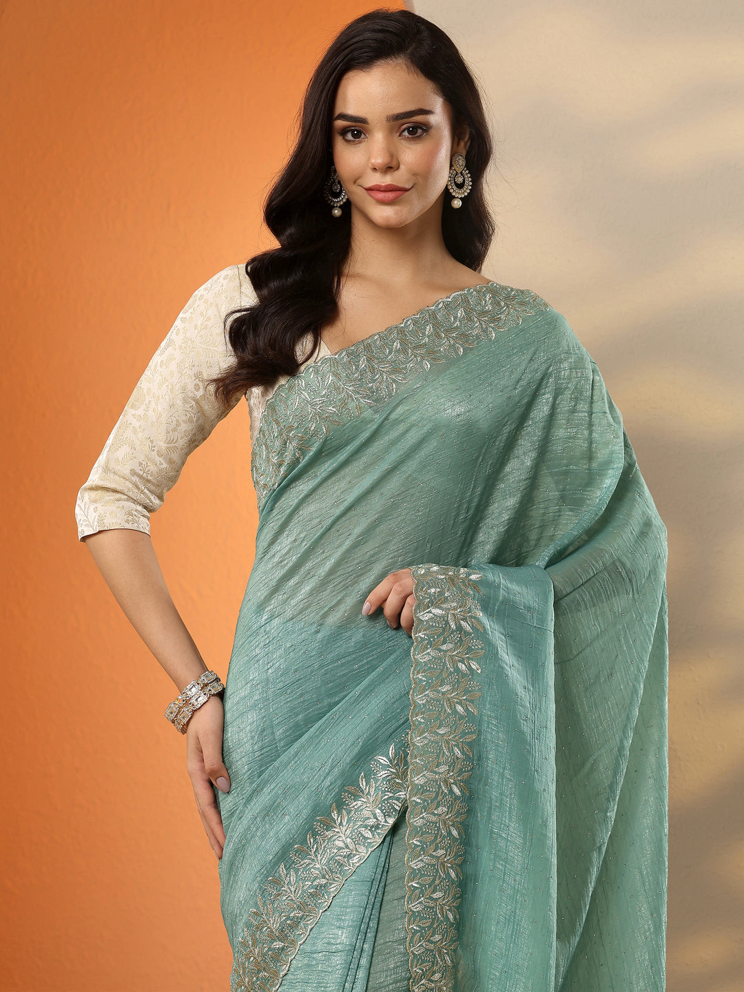  Green Embellished Chinon Saree With Unstitched Blouse Piece 