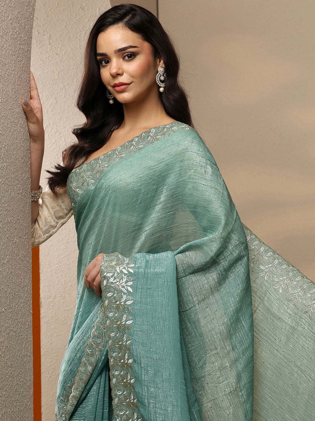  Green Embellished Chinon Saree With Unstitched Blouse Piece 
